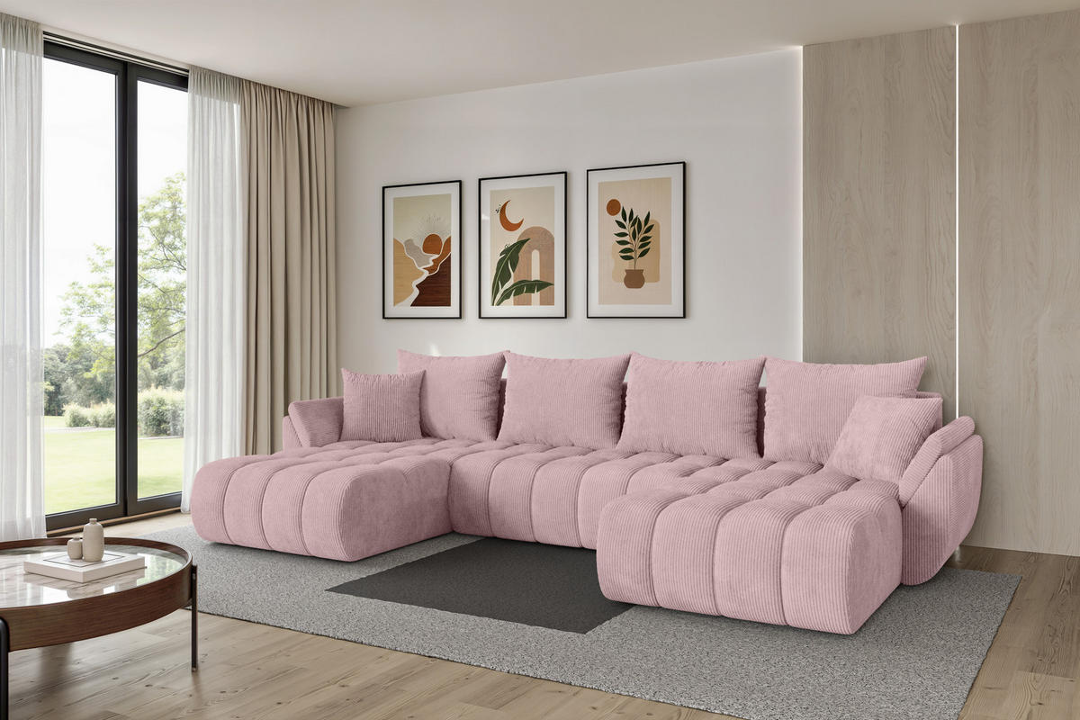 SEDACÍ SOUPRAVA DO U s funkcí spaní a úložným prostorem TOKO-U-v1 378x194x86 růžová manšestr - růžová/černá, kompozitní dřevo/textil (378/86/194cm) - ALTDECOR
