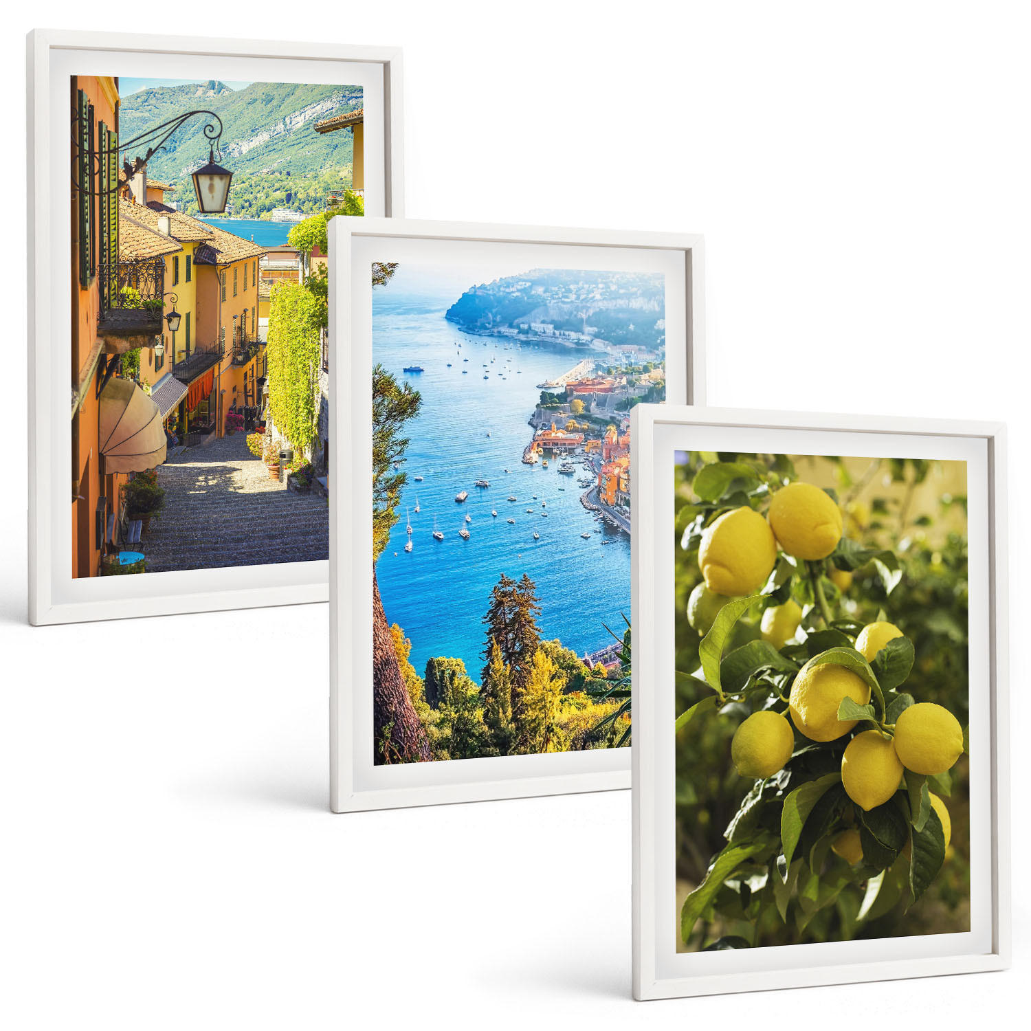 BILDER SET 3er Set - 40x60 cm Weißer Rahmen - Straßen am Meer, ein Meer aus Zitronen - Weiß, Kunststoff (40/60cm) - TULUP
