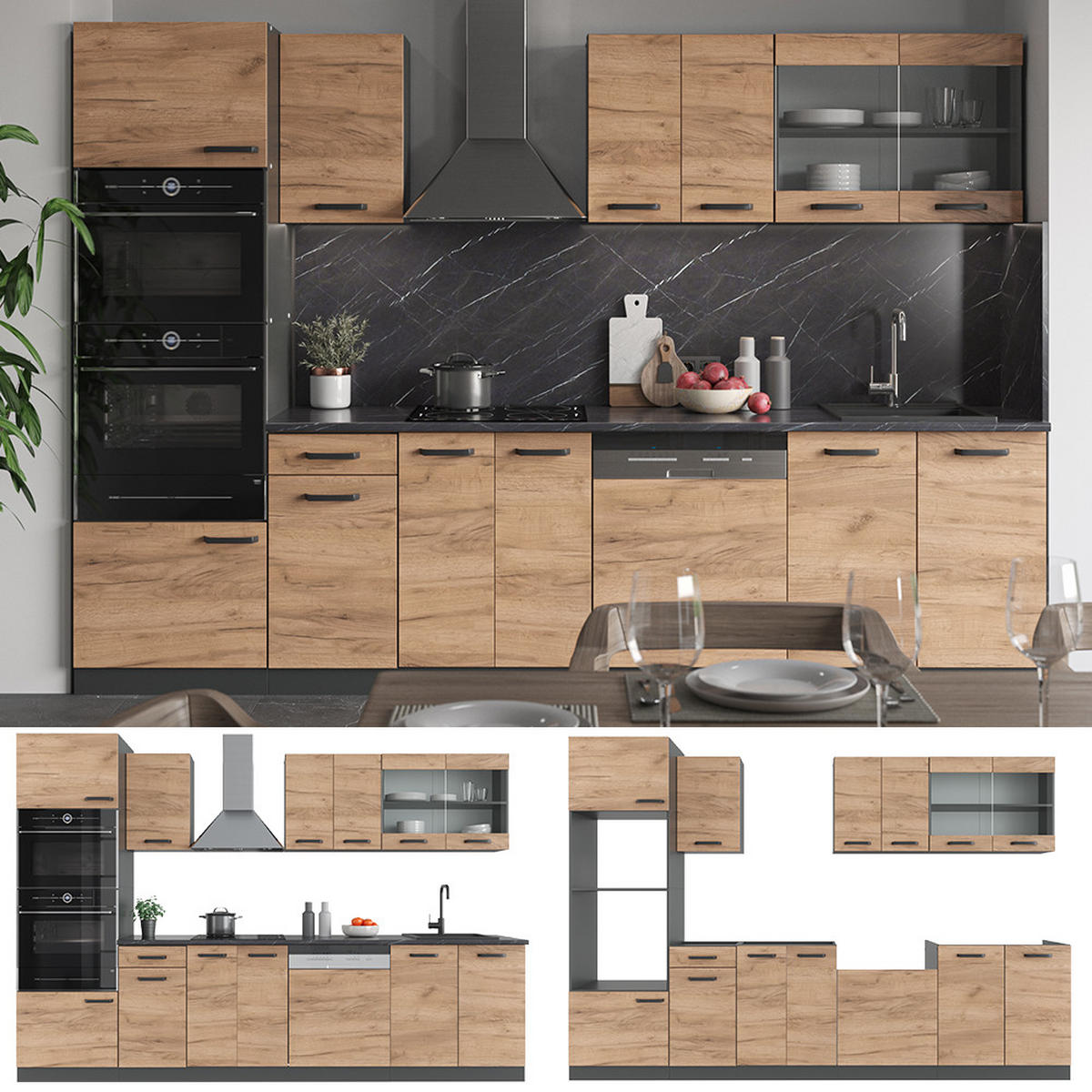 KÜCHENZEILE R-Line Goldkraft Eiche/Anthrazit 300 cm mit Hochschrank ohne AP - Honigeiche/Anthrazit, Holzwerkstoff (300/81.6/46cm) - Vicco