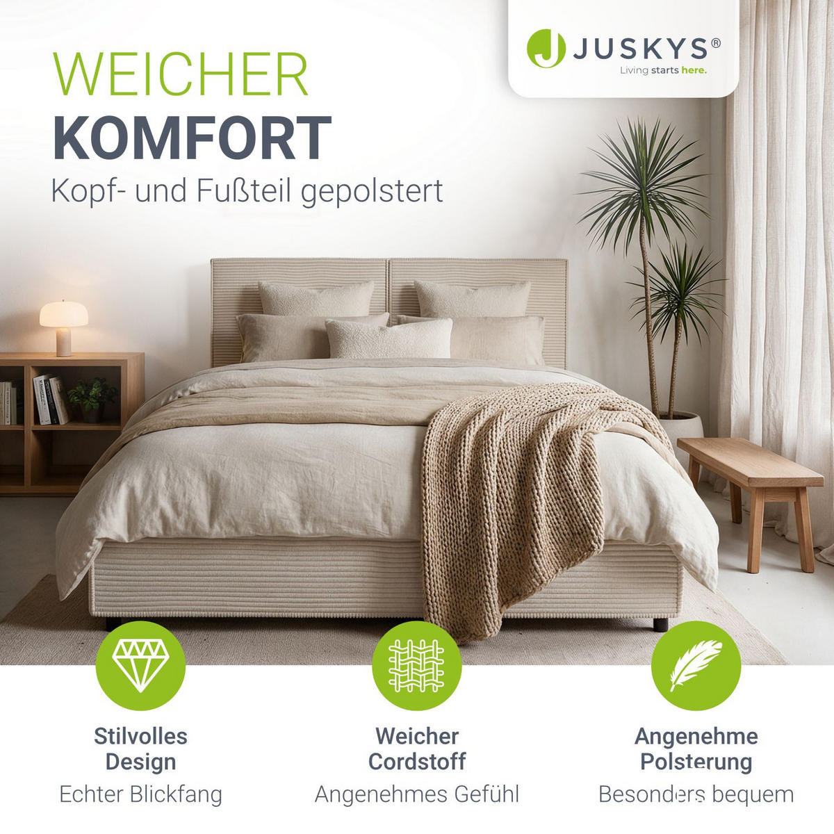 POLSTERBETT Salerno Cord beige 140x200 cm - Beige, Textil (140/200cm) - Juskys