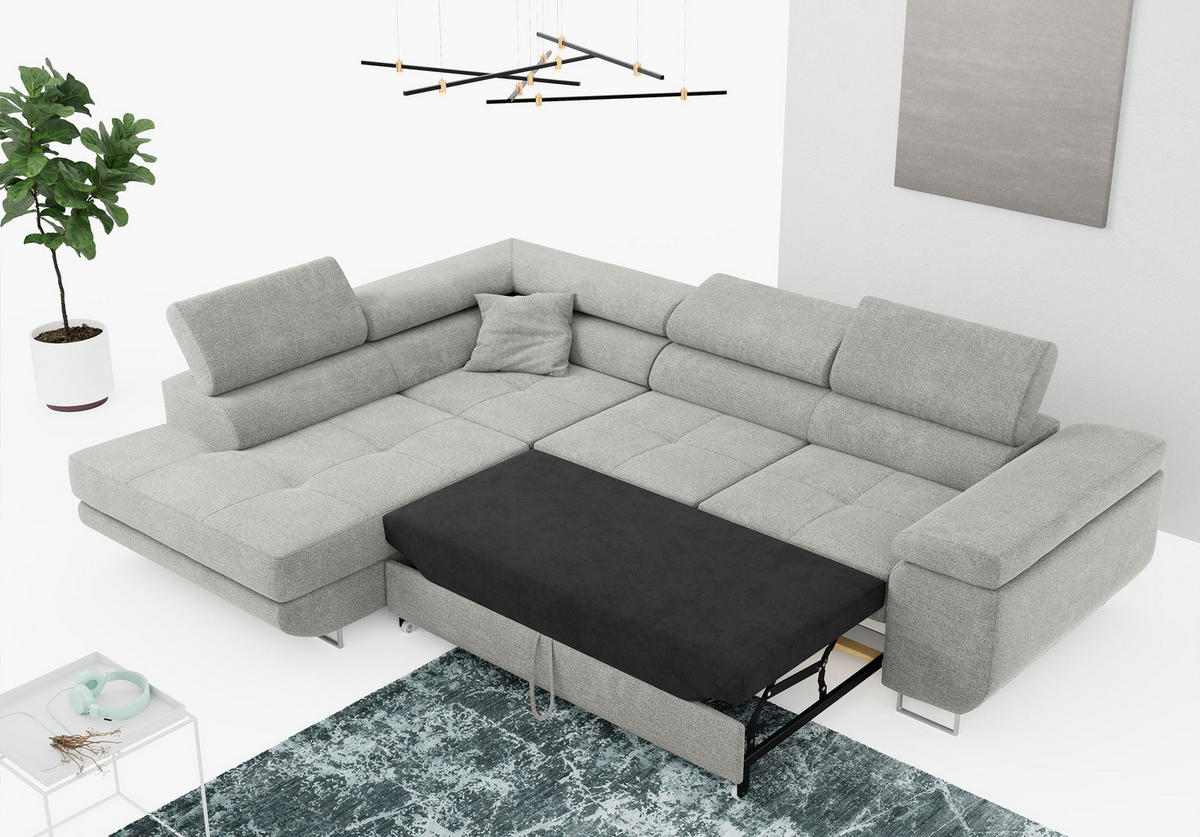 ROHOVÁ SEDAČKA GUSTAW L - Světle šedá Strukturovaná látka - Levá Strana - stříbrná/světle šedá, kov/textil (275/205cm) - MKS