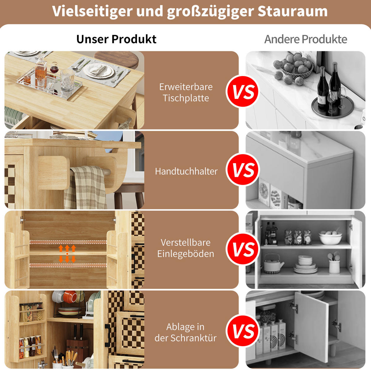 KÜCHENINSEL 120/45-75/92 cm natur mit klappbarer Tischplatte und Rollen - Naturfarben, Holzwerkstoff (120/92/45cm) - OKWISH