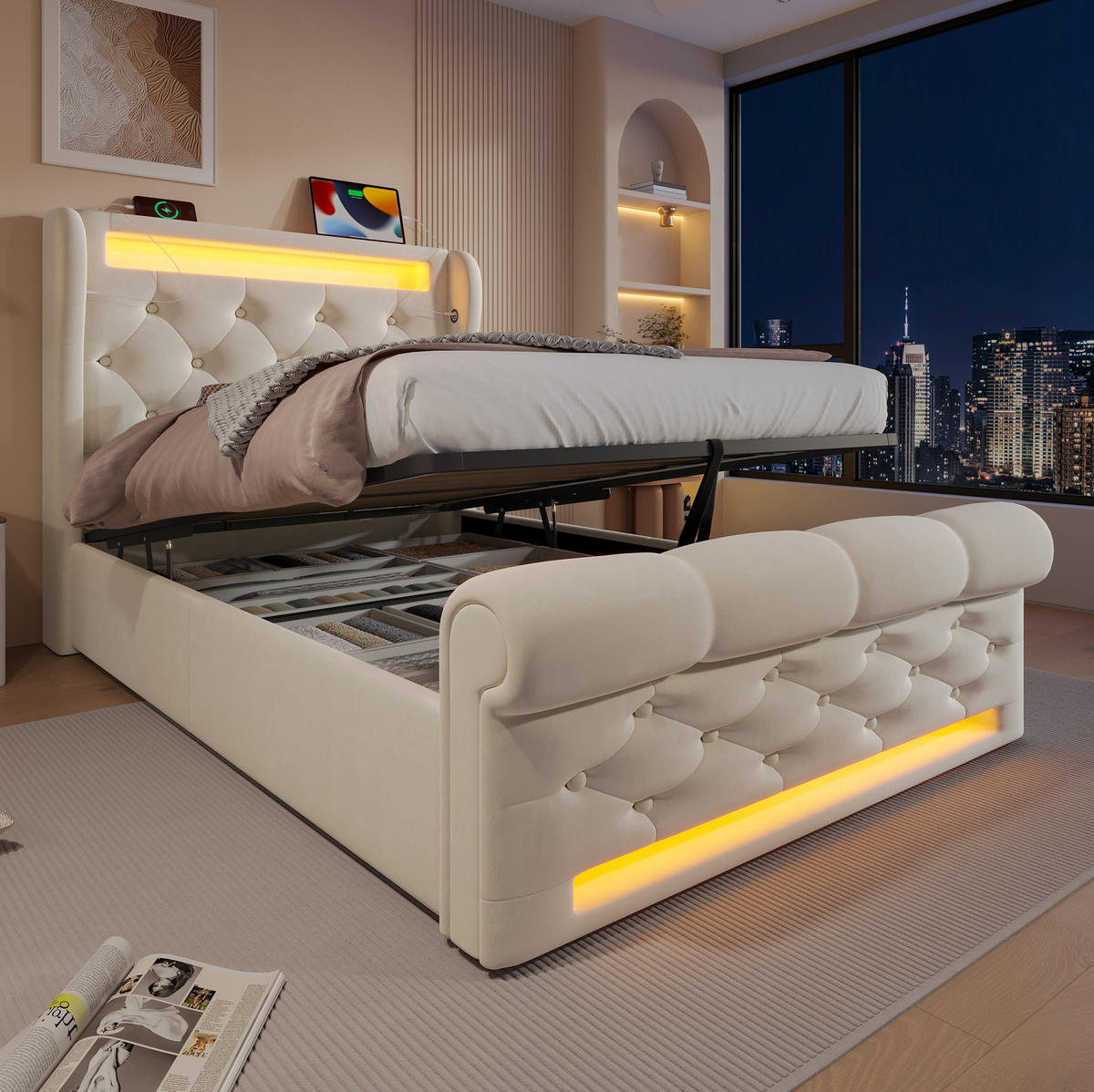 POLSTERBETT 90/200 cm in Beige mit LED-Beleuchtung und USB- und Type-C-Anschlüssen - Beige, Textil (90/200cm) - Flora Grace