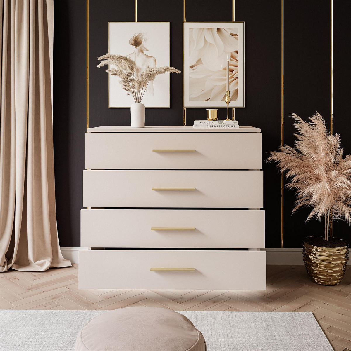 KOMMODE LINA KASCHMIR 95 cm mit LED-Beleuchtung Griffe Goldmatt - Kaschmir/Goldfarben, Holzwerkstoff (95/84/40cm) - Lookway