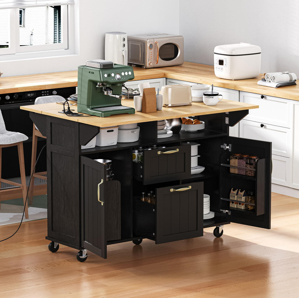 KÜCHENINSEL 120/40-60-80/92 cm mit klappbarer Tischplatte, Steckdosenleiste und Rollen aus MDF, Schwarz/Natur - Schwarz, Holzwerkstoff (120/92/80cm) - Redom