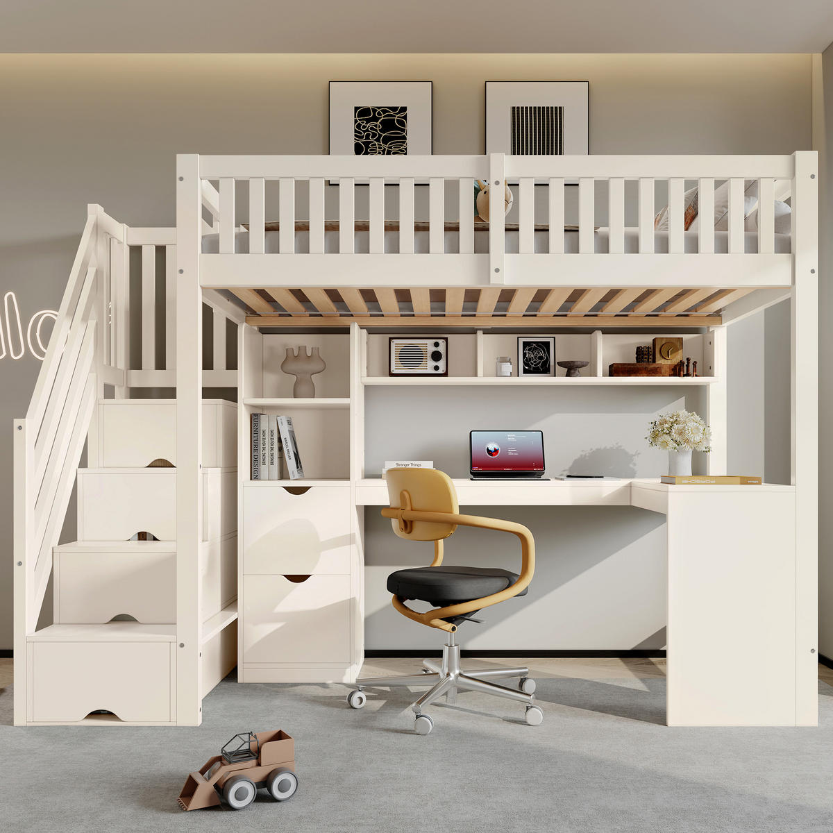 HOCHBETT 90/200 cm in Weiß mit Treppenschrank, Eckschreibtisch und Stauraum - Weiß, Holz/Holzwerkstoff (90/200cm) - WISHDOR