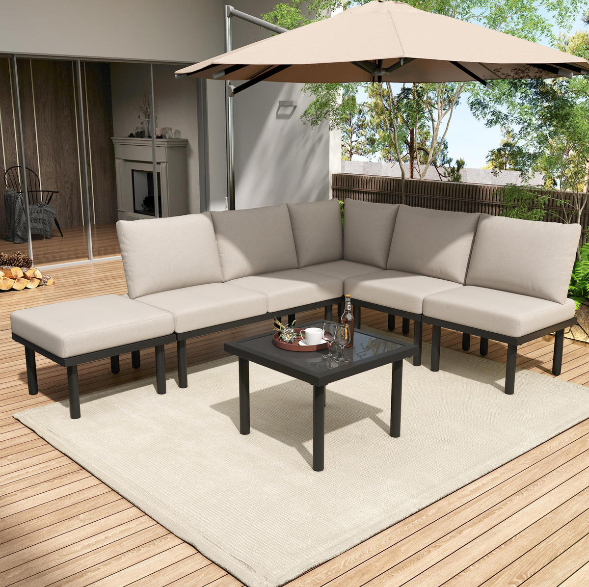 GARTEN-LOUNGESESSEL-SET 6-teilig aus Olefin und verzinktem Stahl mit Glastischplatte und verstellbaren Füßen, Beige - Beige, Metall - Redom