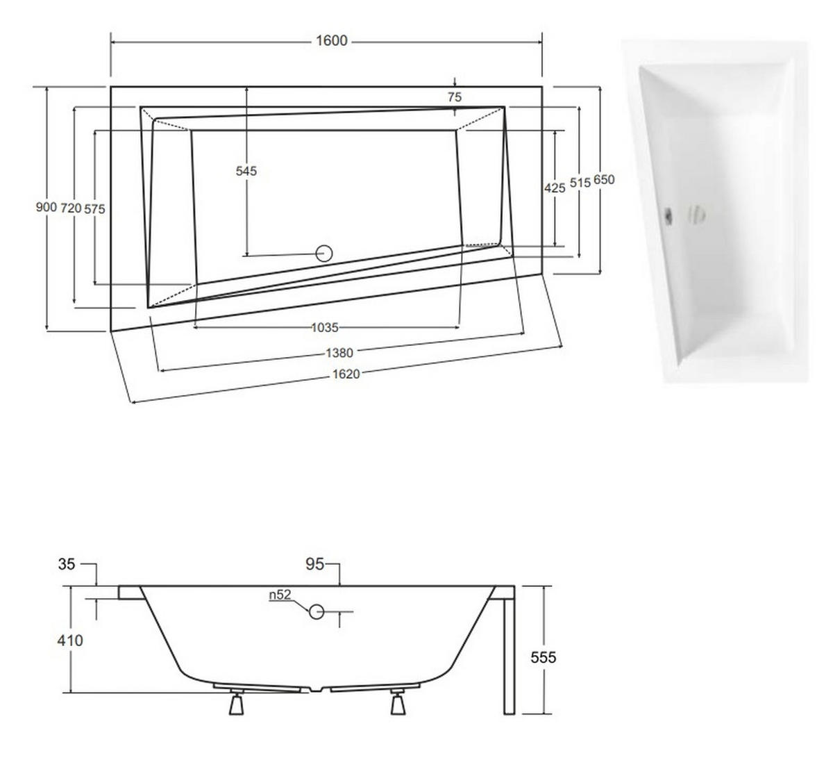 BADEWANNE Eckwanne INTIMA 160/90 Links + Schürze + Ablage Ablauf Füße - Weiß, Kunststoff (90/55.5/160cm) - bad land