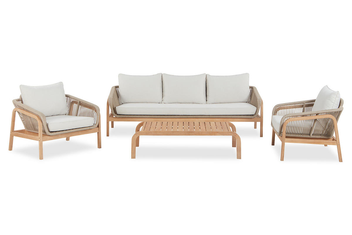 GARTENSITZGRUPPE - Teak massiv / Polyester - Braun / Beige - 5-teilig - Beige/Braun, Holz/Textil - home24