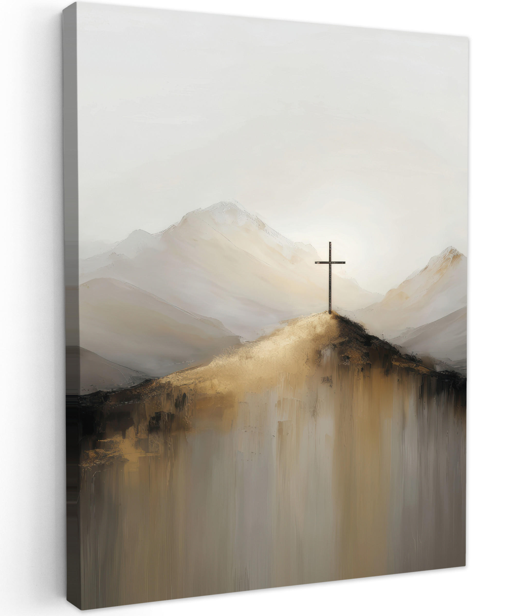 LEINWANDBILD Hügel - Abstrakt - Kreuz - Christentum Wandbild Wohnzimmer 60x80 cm - Beige, Textil (60/80cm) - MuchoWow