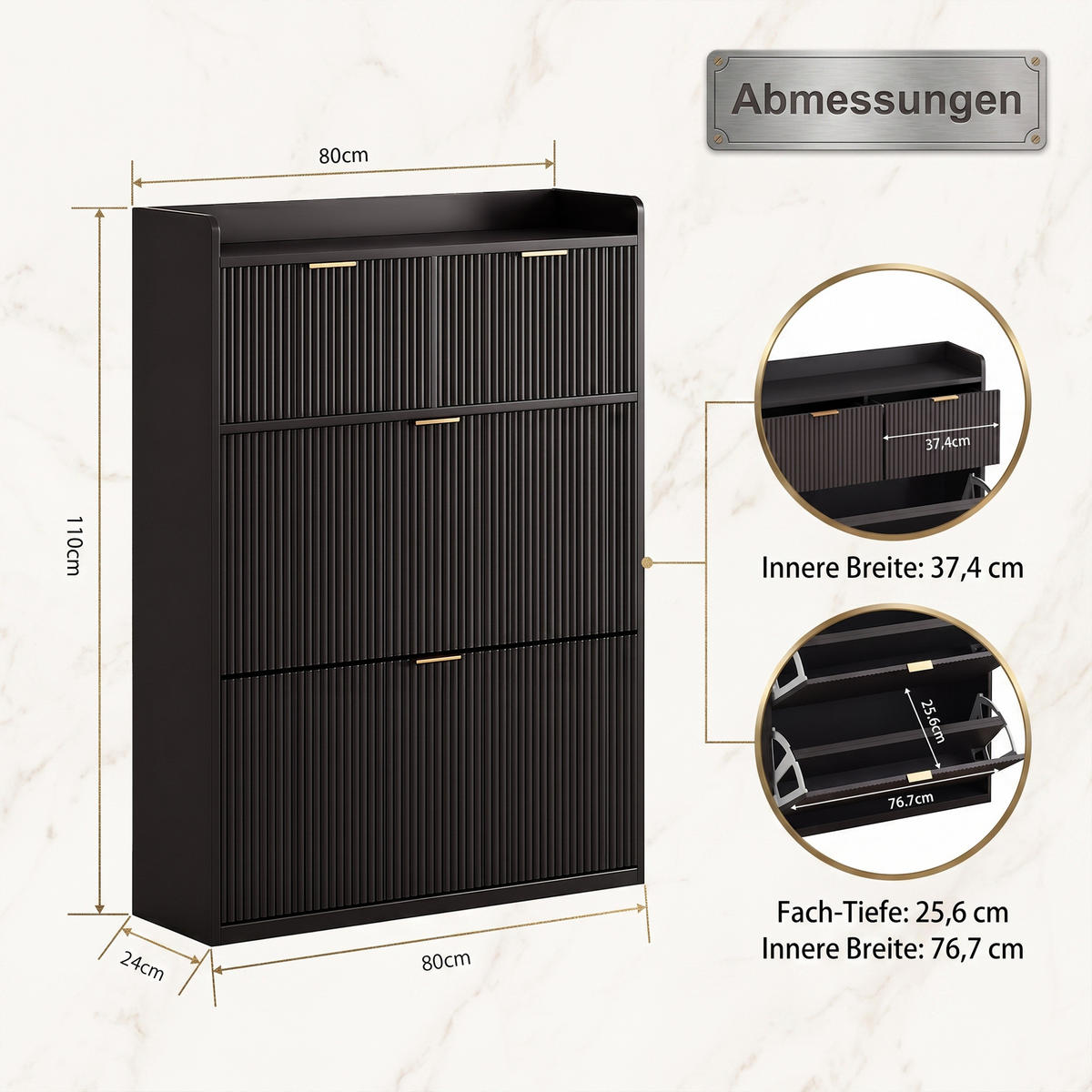 SCHUHSCHRANK mit zwei Schubladen und zwei Klappfächern, schmales Eingangsmöbel, mit Kippschutz, Schwarz - Goldfarben/Schwarz, Holzwerkstoff/Metall (24/110/8cm) - GENKI LIVING
