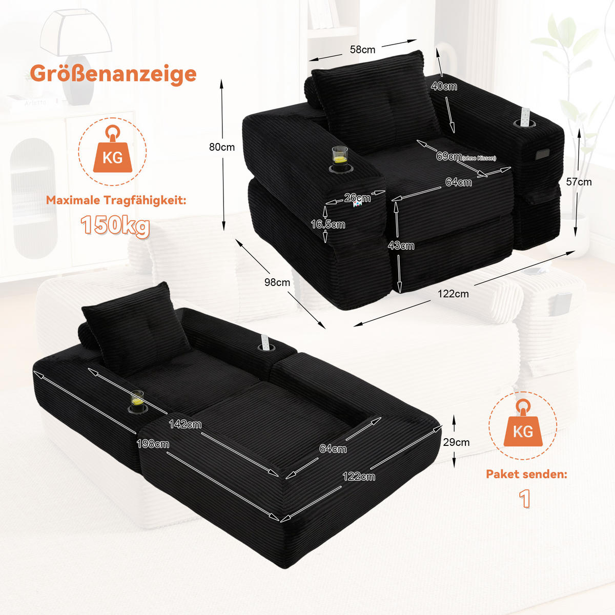 SCHLAFSOFA mit Schlaffunktion, Getränkehalter und Federkern aus Cord - Schwarz, Textil (122/80/98cm) - EVRYAE