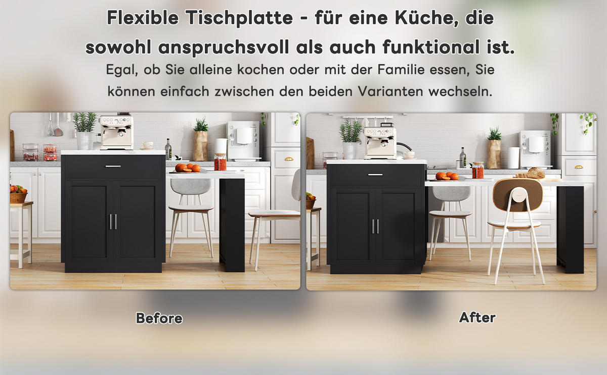 KÜCHENINSEL ausziehbar mit Esstisch, Steckdose und 2 Schubladen - Schwarz, Holzwerkstoff (211/89.5/55cm)