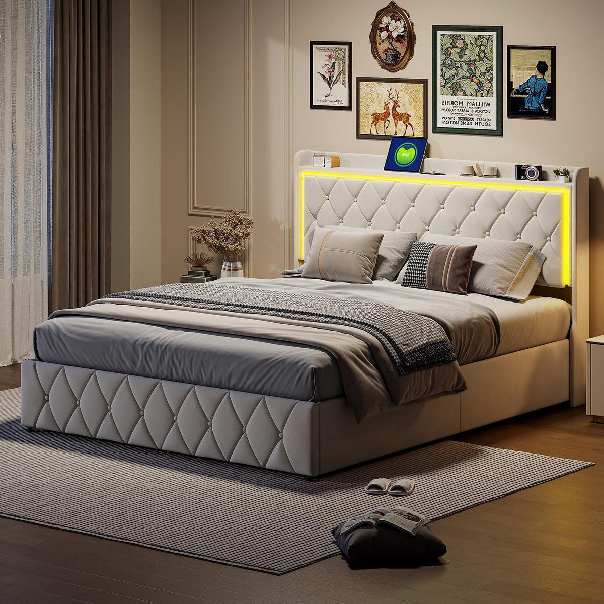 POLSTERBETT 140x200cm -Lumina-Rest- mit LED & Ladefunktion – Samt Beige - Beige, Textil (140/200cm) - DELFA