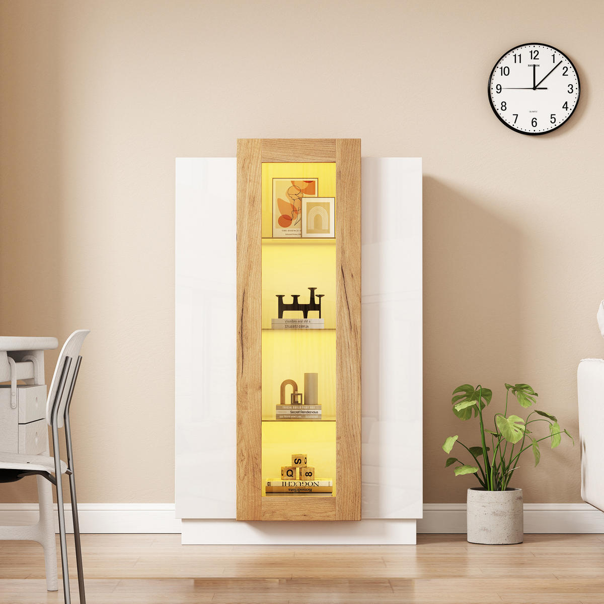 VITRINE 74/40/120 cm aus Spanplatte mit LED-Beleuchtung und Acrylfront Weiß/Natur - Weiß, Holzwerkstoff (74/120/40cm) - Modenvie