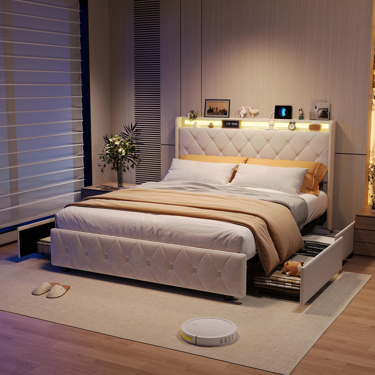 POLSTERBETT 140/200 cm Beige mit Schubladen und USB-Anschlüssen - Beige, Holz (140/200cm) - SHOPENTRA
