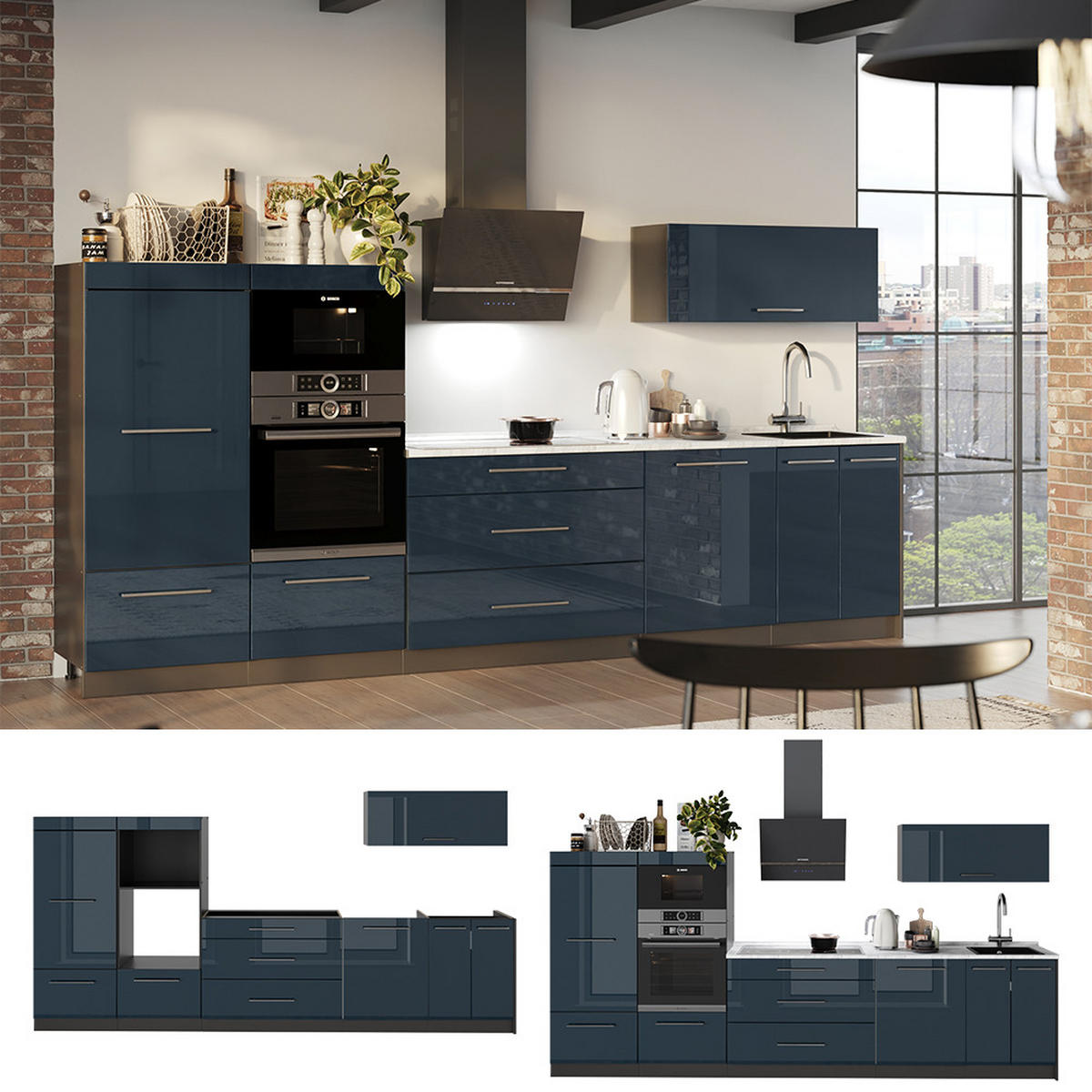 KÖK Fame-Line, Mörkblå högblank/antracit, 340 cm, AP Oak - Antracit/Mörkblå, Träbaserade material (340/153.6/60cm) - Vicco