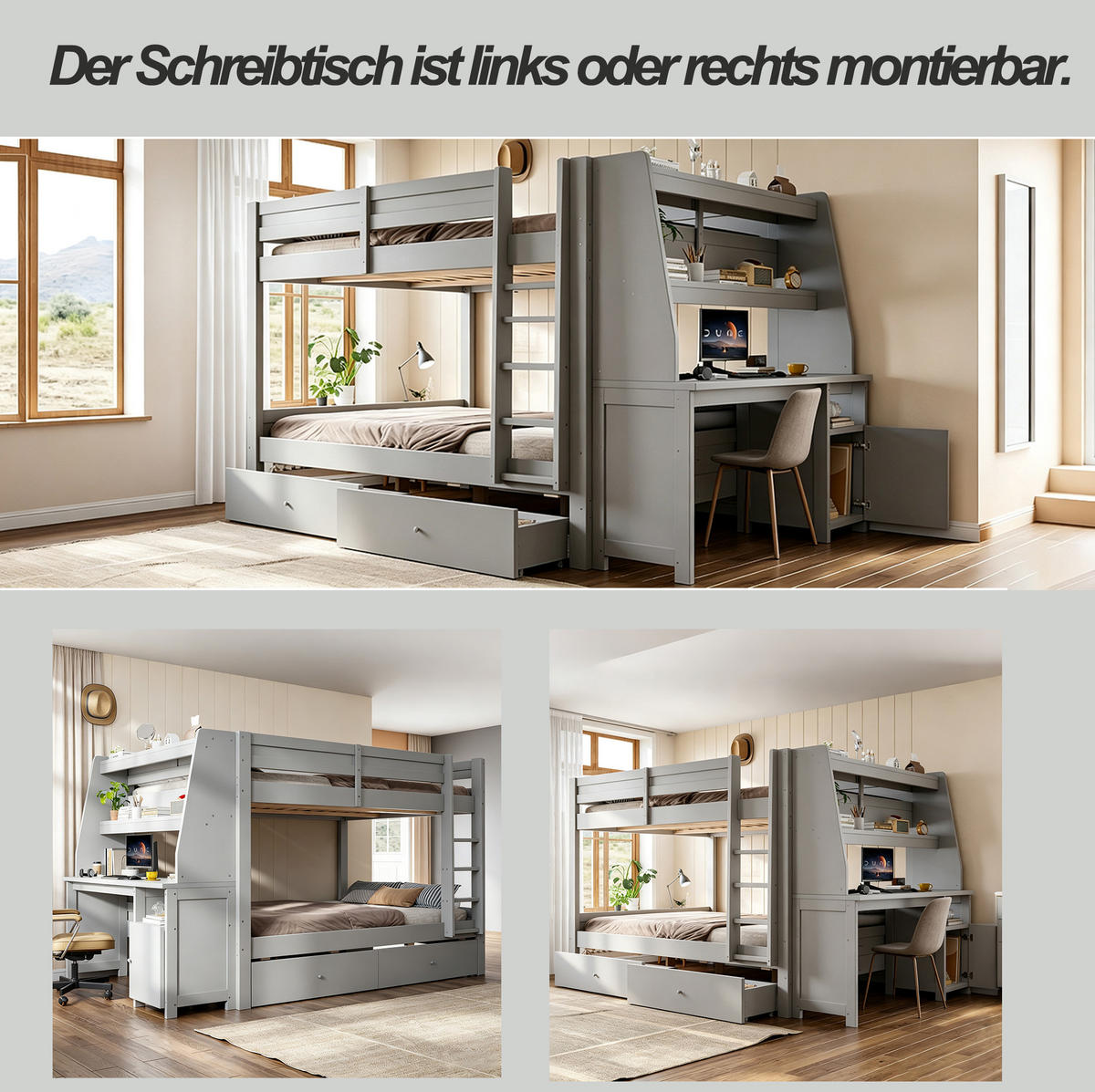 ETAGENBETT aus Holz 140x200 cm Grau mit Schreibtisch, Stauraum, Schubladen und Sicherheitsgeländer - Grau, Holz (140/200cm) - Modfu
