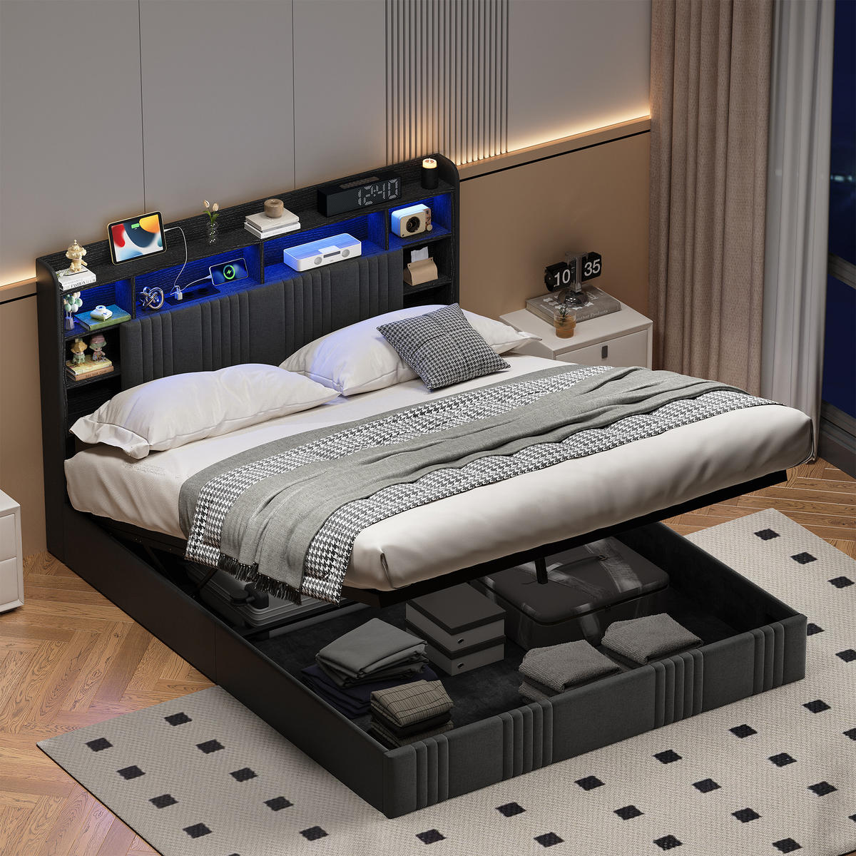 MODERNES POLSTERBETT 160x200 cm mit Stauraum, LED RGB und integrierter Ladestation – Dunkelgrau Leinen - Grau, Holz - SHOPENTRA