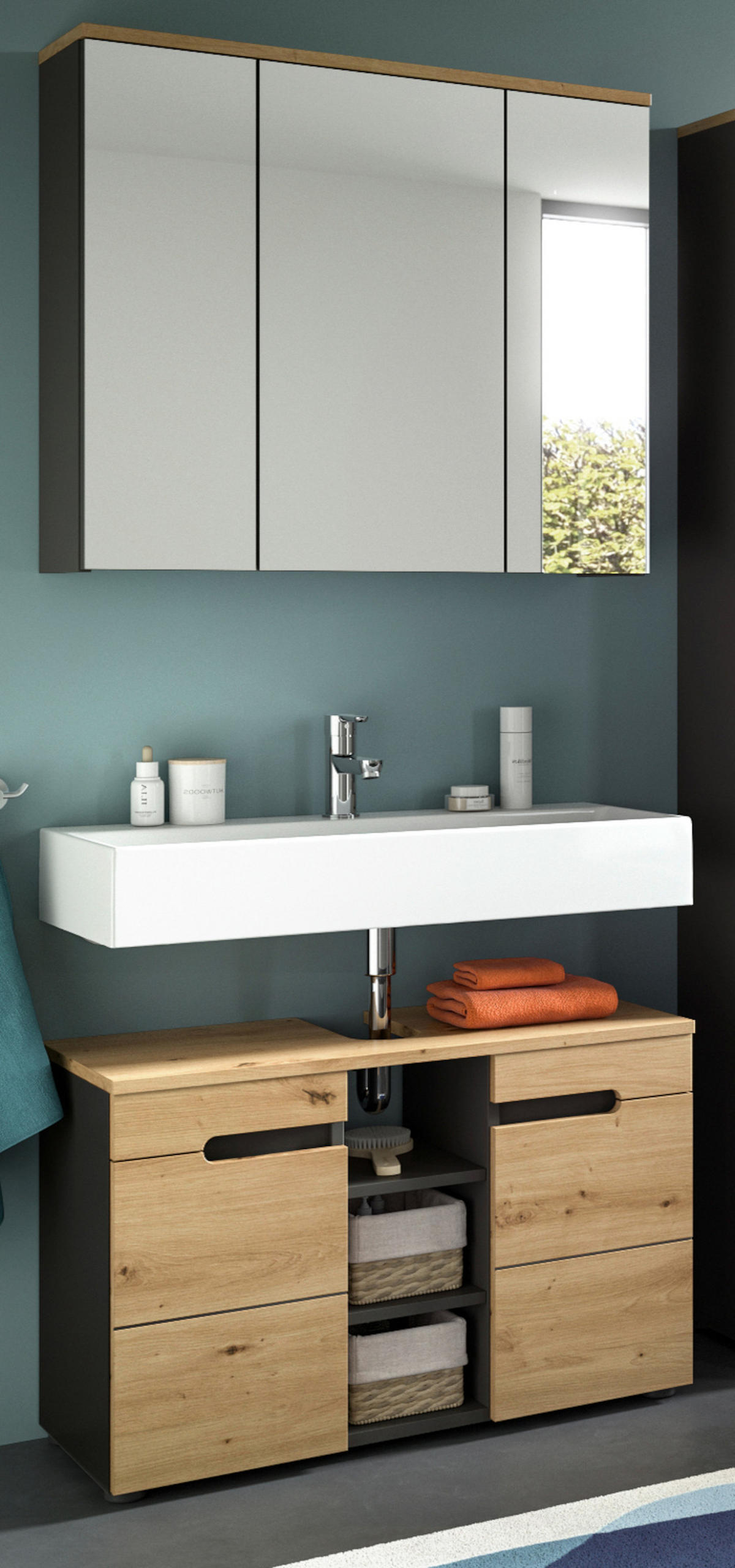 BADMÖBEL-SET Eiche, grau 2-teilig 80 cm, Komplettset mit Soft-Close - Schwarz/Eiche Artisan, Glas/Holzwerkstoff (80/193/34cm) - Inn.Furn