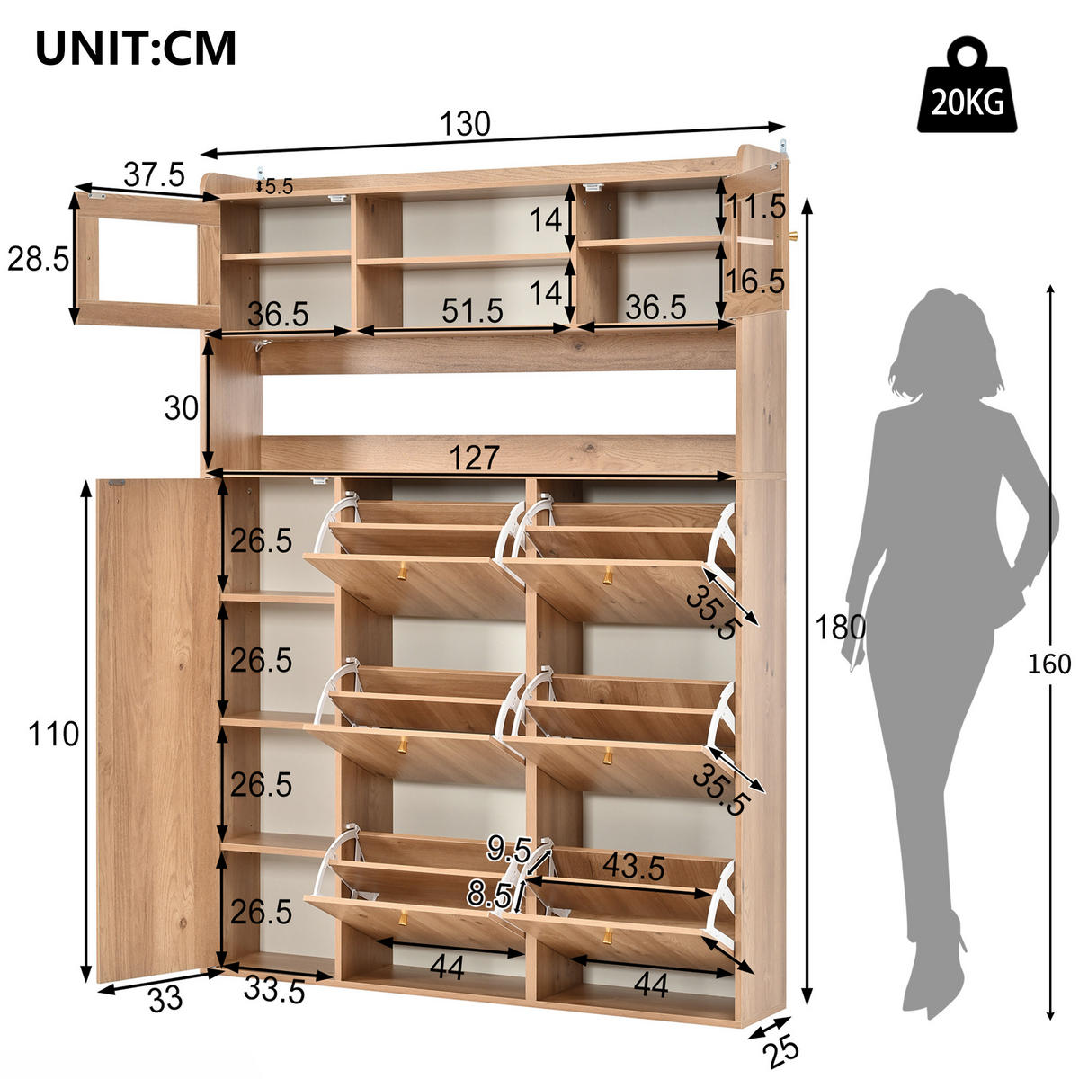 SCHUHSCHRANK 130x25x180cm mit Glas, LED und 6 Klappen - Naturfarben, Holzwerkstoff (130/180/25cm) - FLIEKS