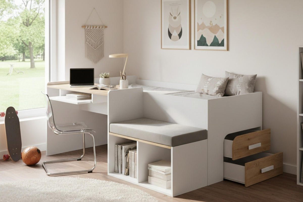 JUGENDBETT MULTI 90/200 cm in Weiß/Eiche Gold - Erlefarben/Weiß, Holzwerkstoff/Textil (90/200cm) - Deine Möbel 24