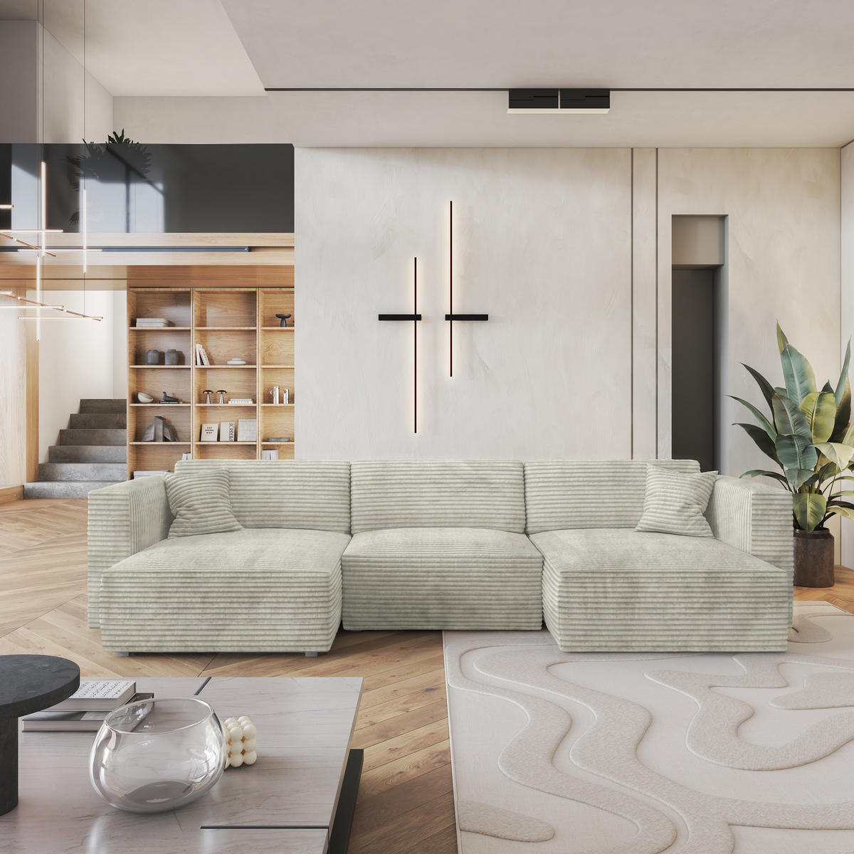 ROHOVÁ SEDAČKA SARMO světle šedá - šedá/světle šedá, dřevo/textil (347/148cm) - MASSENO