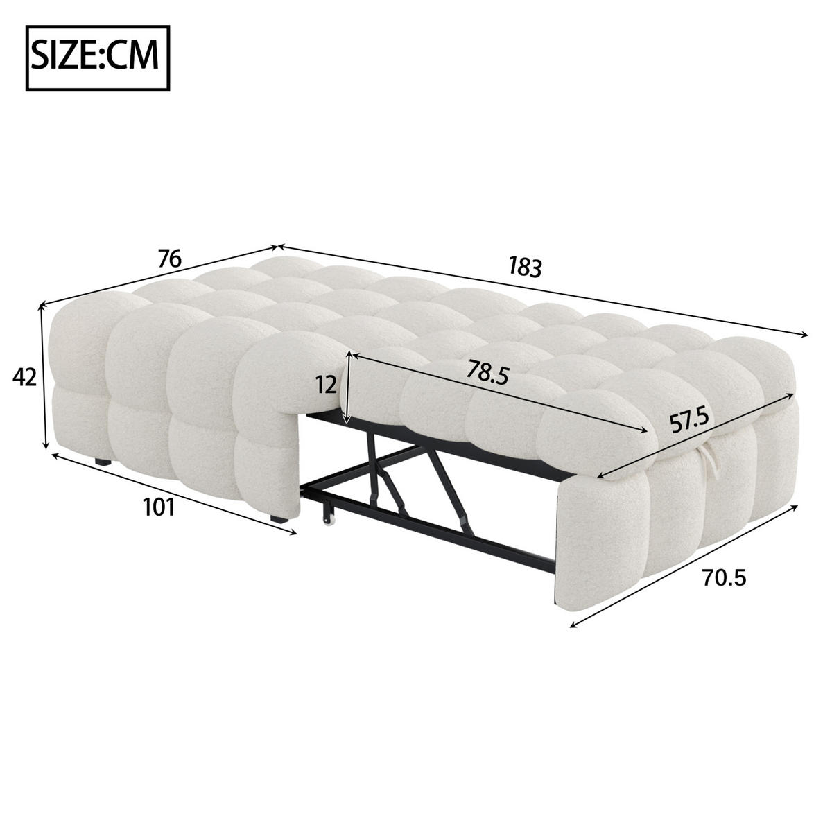 SCHLAFSOFA 183/76/42 cm Beige 2-in-1 Schlafsofa aus Teddy-Stoff mit Fußhocker - Creme, Textil (76/42/183cm) - OKWISH