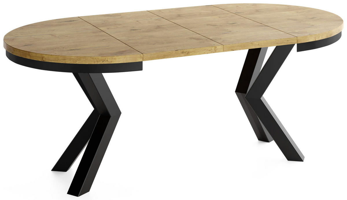 ESSTISCH Clara runder ausziehbarer, Eiche Hellbraun 120-200/120/76 cm - Eichefarben/Schwarz, Holzwerkstoff/Metall (120/200/76cm) - WFL GROUP