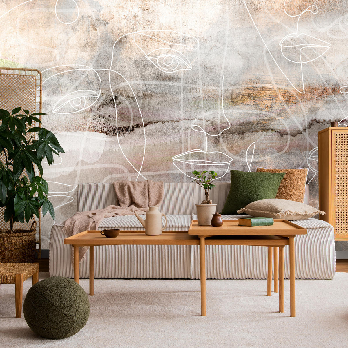 FOTOTAPETE für Wohnzimmer Gesichter Abstraktion 200x140 - Beige/Braun, Papier (200/140cm) - Muralo