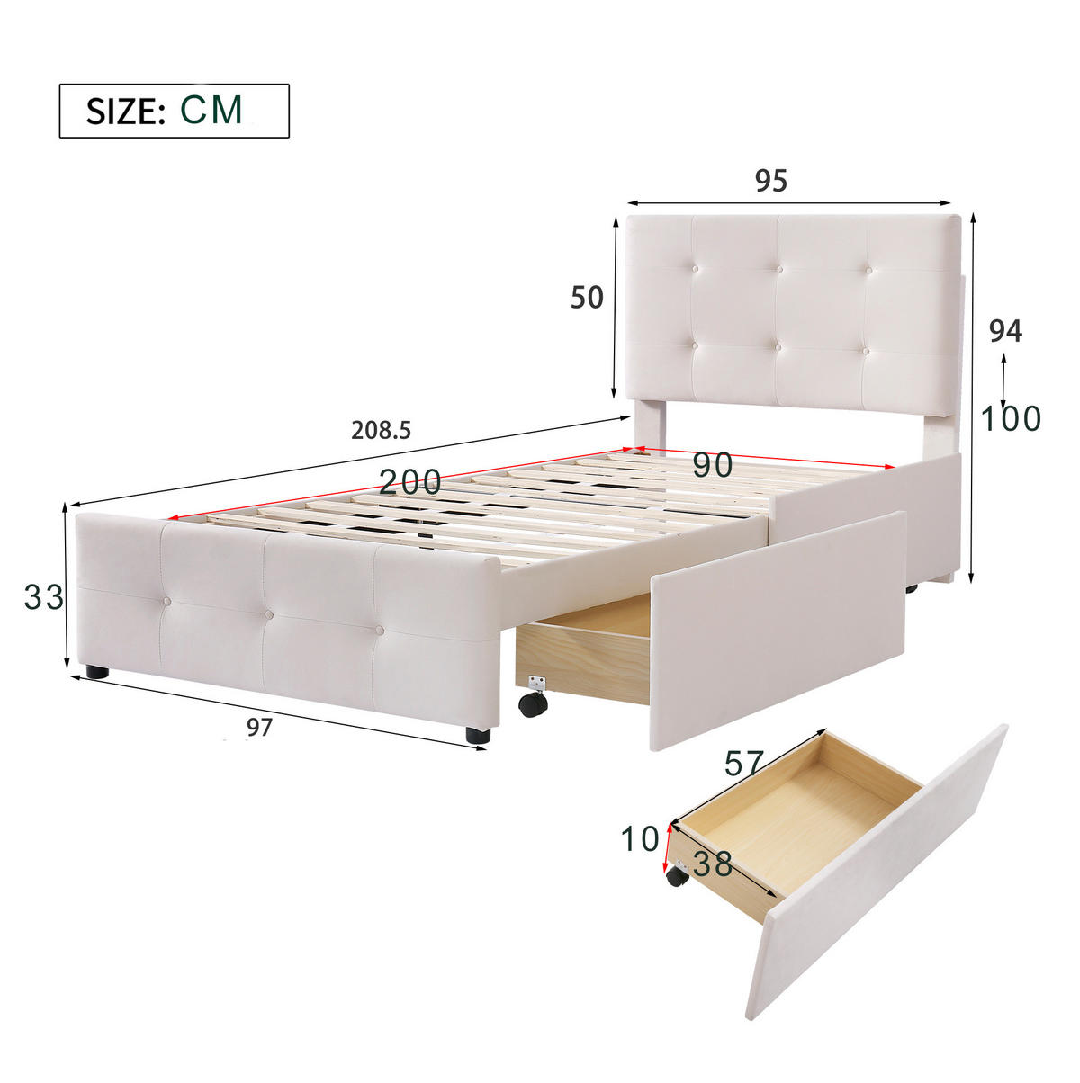 SAMT-POLSTERBETT 90/200 cm mit Schublade und gepolstertem Kopfteil in Beige - Beige, Textil (90/200cm) - BEAOK
