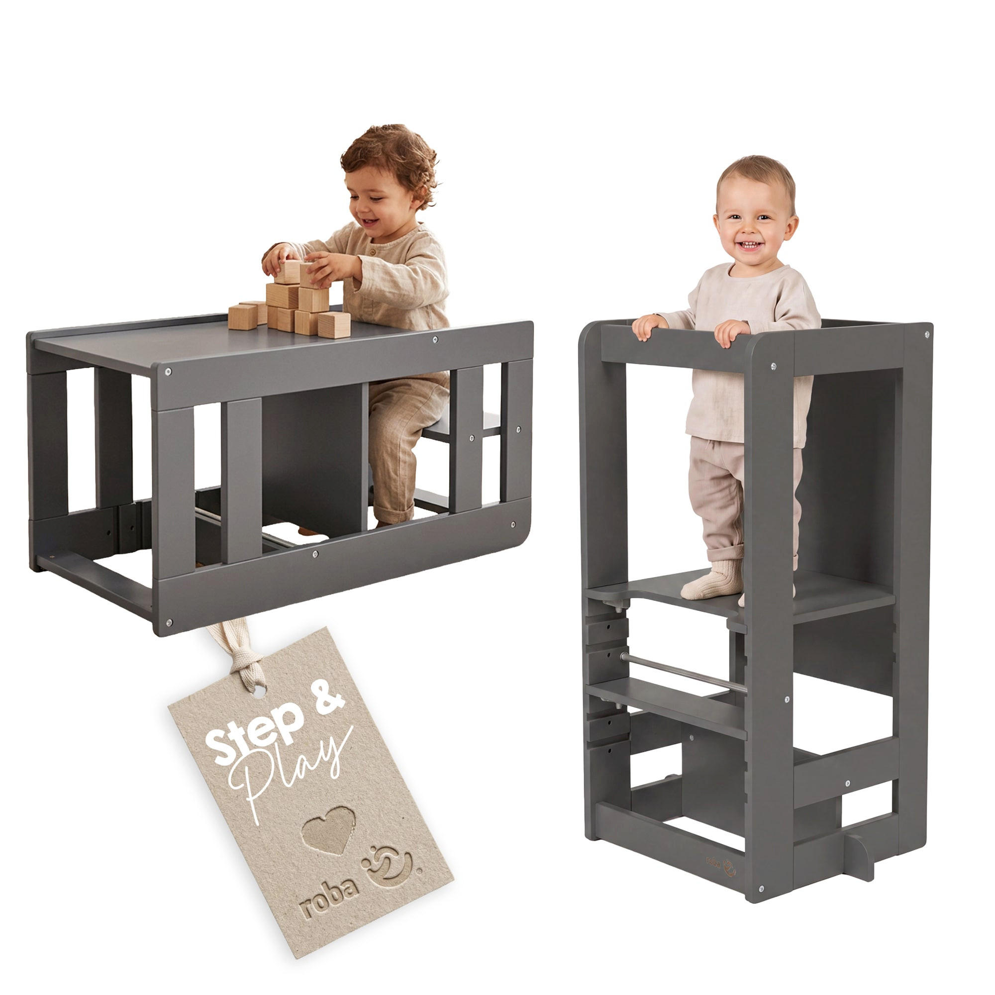 LERNTURM Step & Play 2in1 - Anthrazit, Holzwerkstoff/Metall (50.5/85/40cm) - Roba