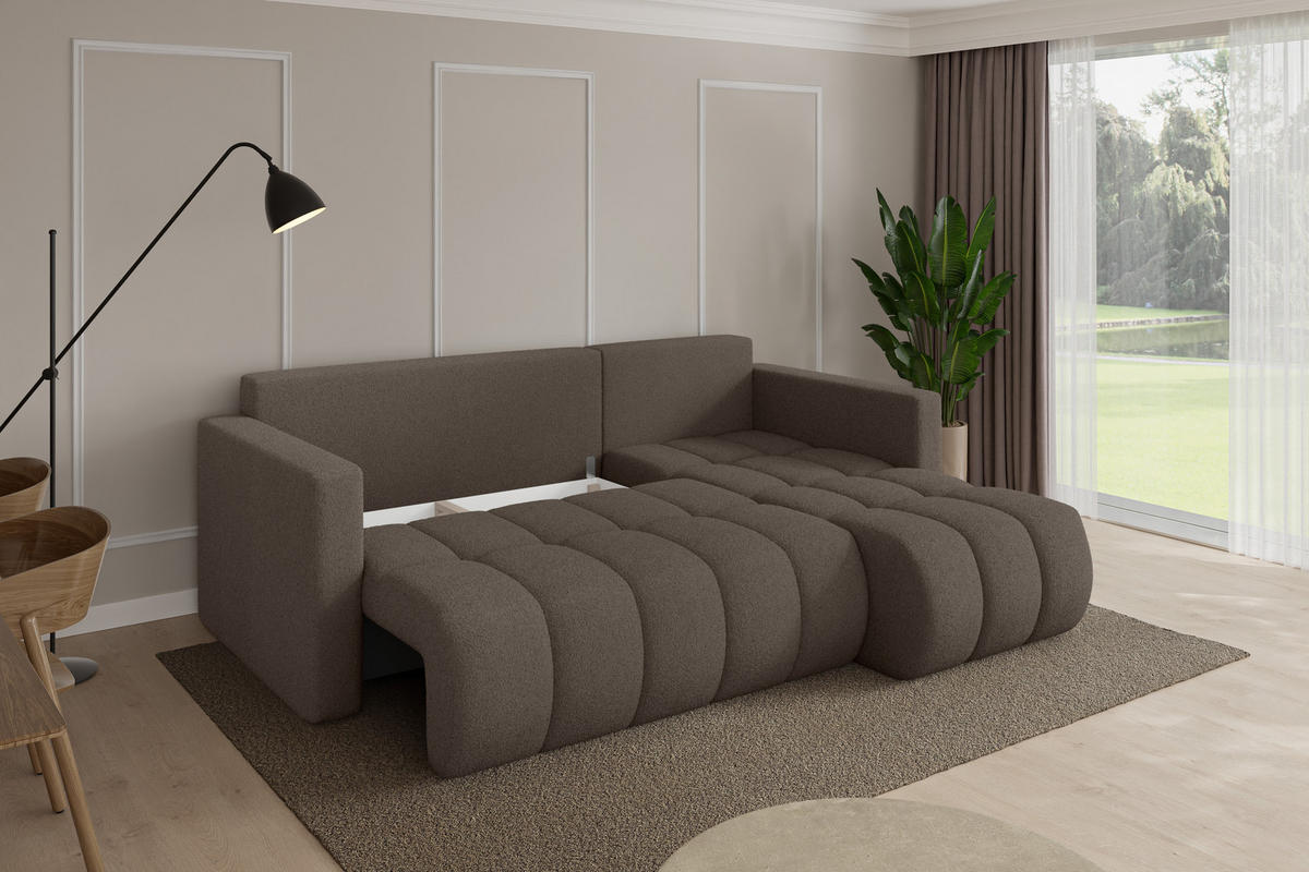ROHOVÁ SEDAČKA s funkcí spaní, otoman vpravo GARD-L 226x146x85 hnědá bouclé - černá/hnědá, kompozitní dřevo/textil (226/146cm) - ALTDECOR