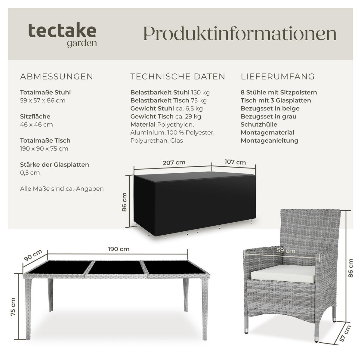 RATTAN SITZGRUPPE Menorca,2 Bezugssets, inklusive Schutzhülle,hellgrau - Hellgrau, Kunststoff - tectake