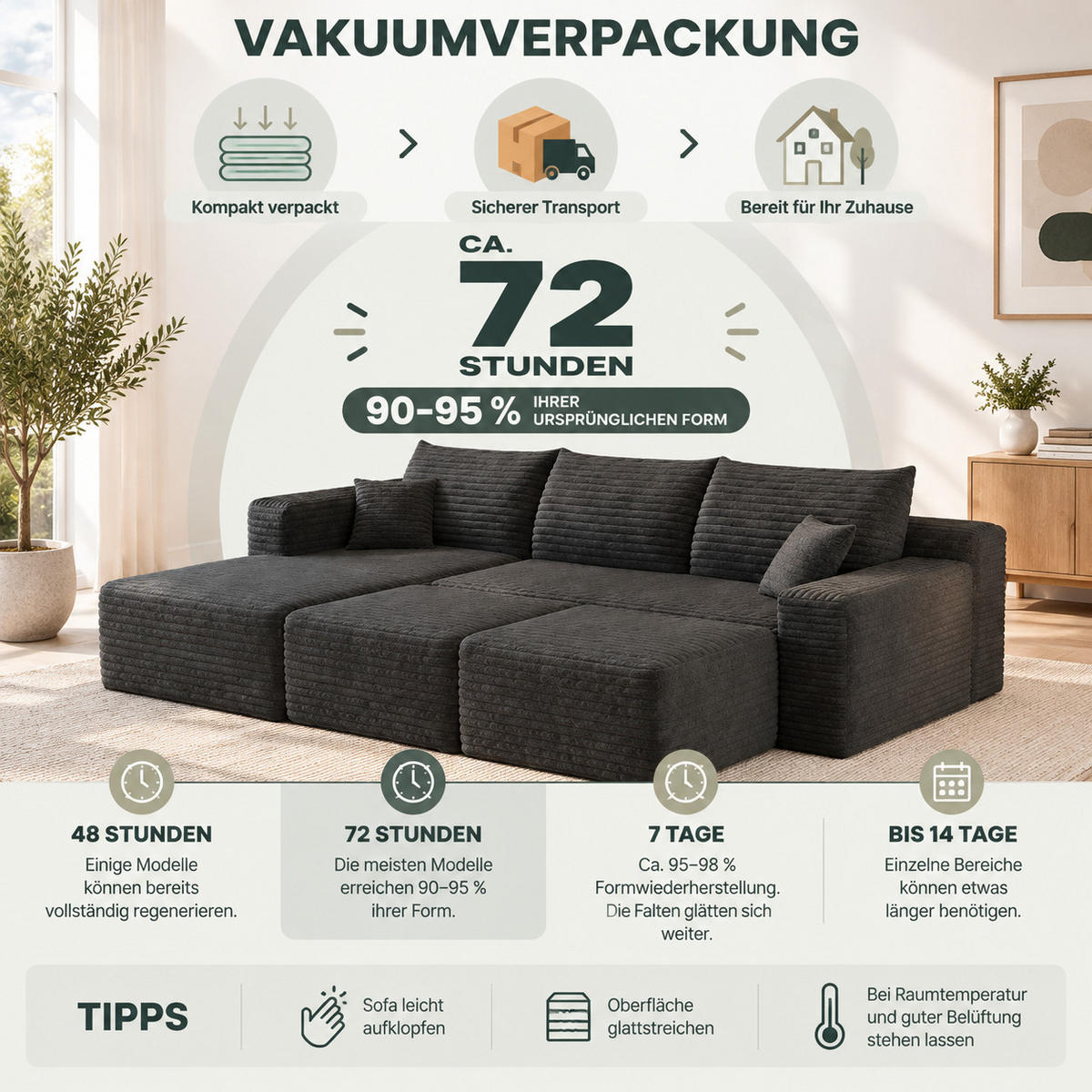 WOHNLANDSCHAFT Cord Schwarz - Schwarz, Textil (241/58/151cm) - WISHDOR