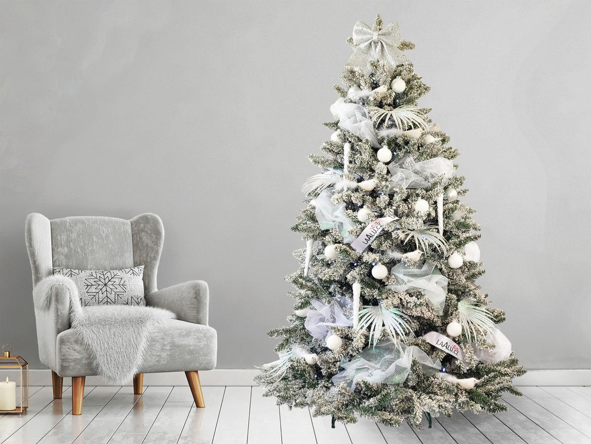 WEIHNACHTSBAUM geschmückt künstlich mit 70 Stk Kugeln WINTER JOY 150 cm mit Metallständer - Silberfarben/Weiß, Kunststoff (150cm) - LAALU