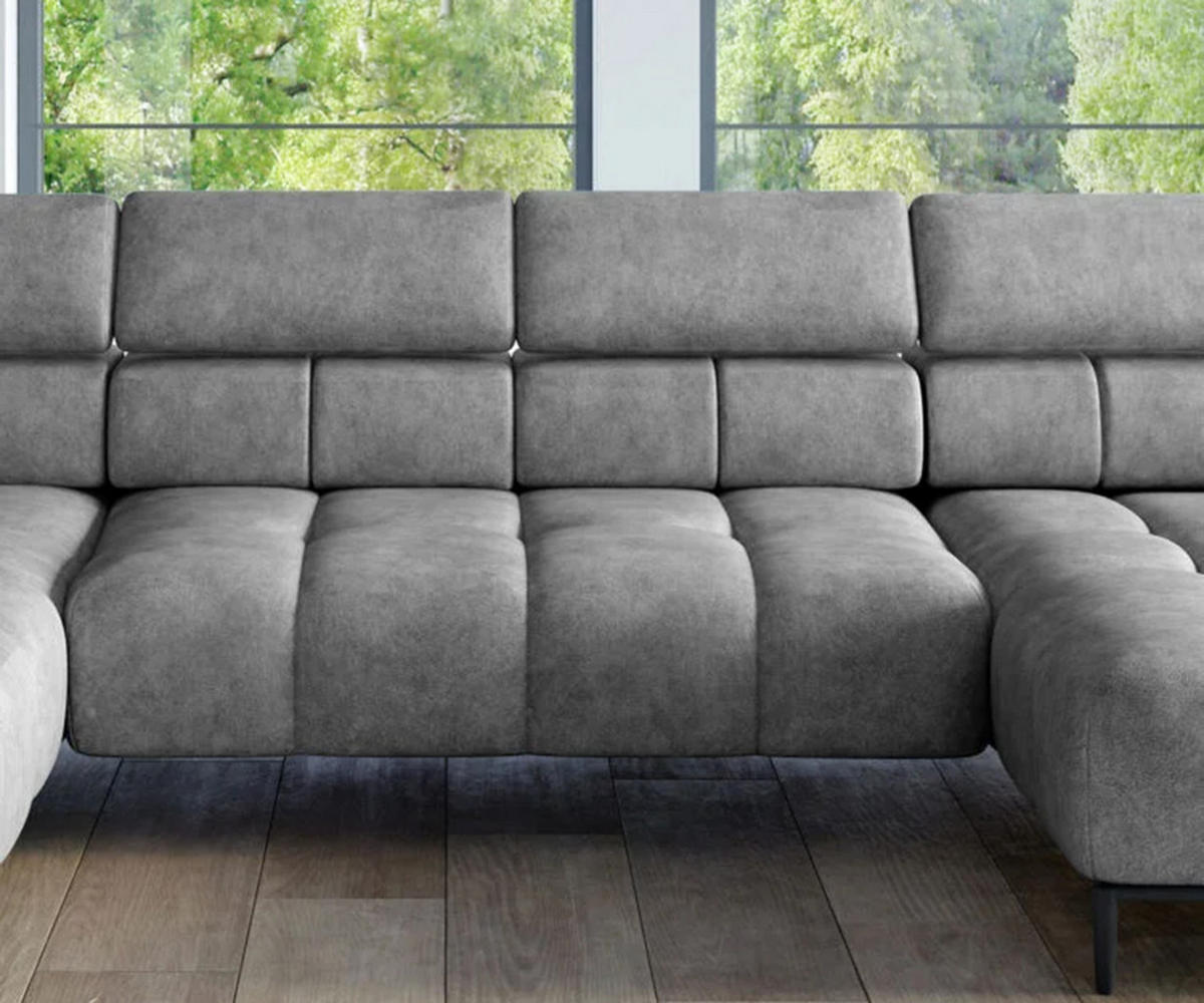 ECKSOFA PLAZA XL U-förmig, modern, mit verstellbarer Kopfstütze, Schlafmöglichkeiten, freistehend, RECHTS 385x177x99 cm Grey - Grau, Holz/Textil (385/177cm) - DomoHome