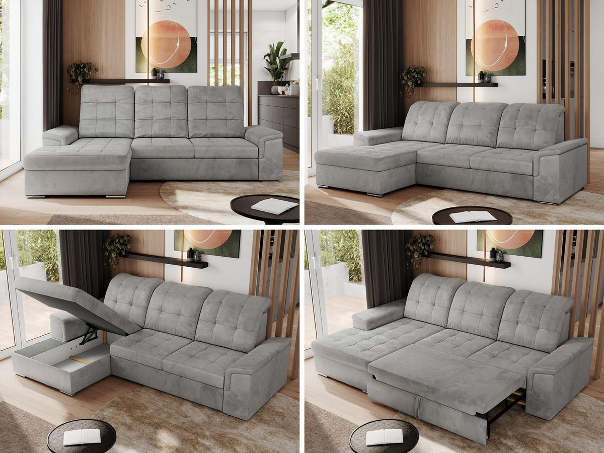 ECKSOFA MADRITO L - Hellgrau Velorus - Links - Silberfarben/Hellgrau, Textil/Metall (160/256cm)