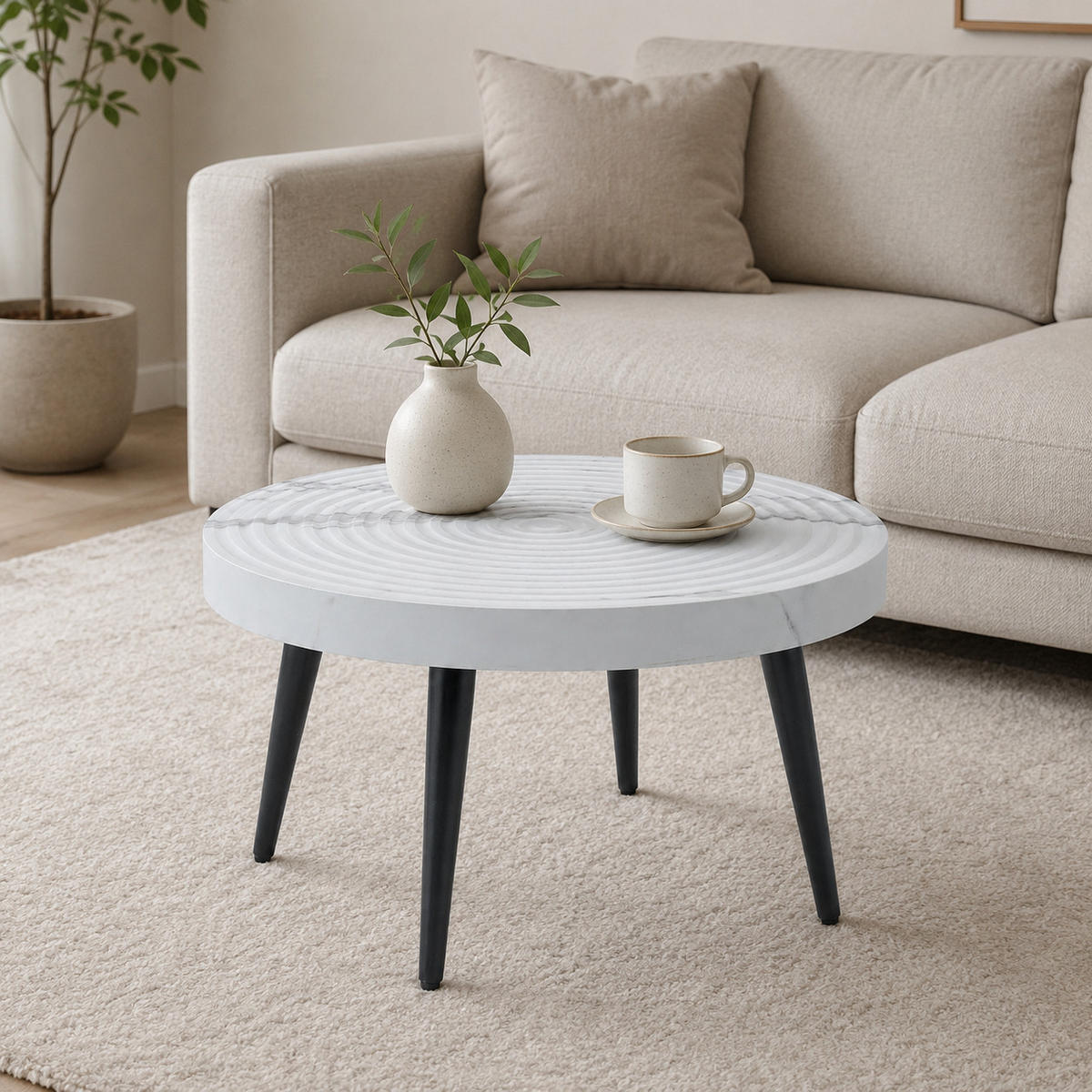 COUCHTISCH DE-37427 rund mit Marmoroptik und Jahresring-Rillen Weiß - Weiß, Holz (60/60/37cm) - ComfortXL