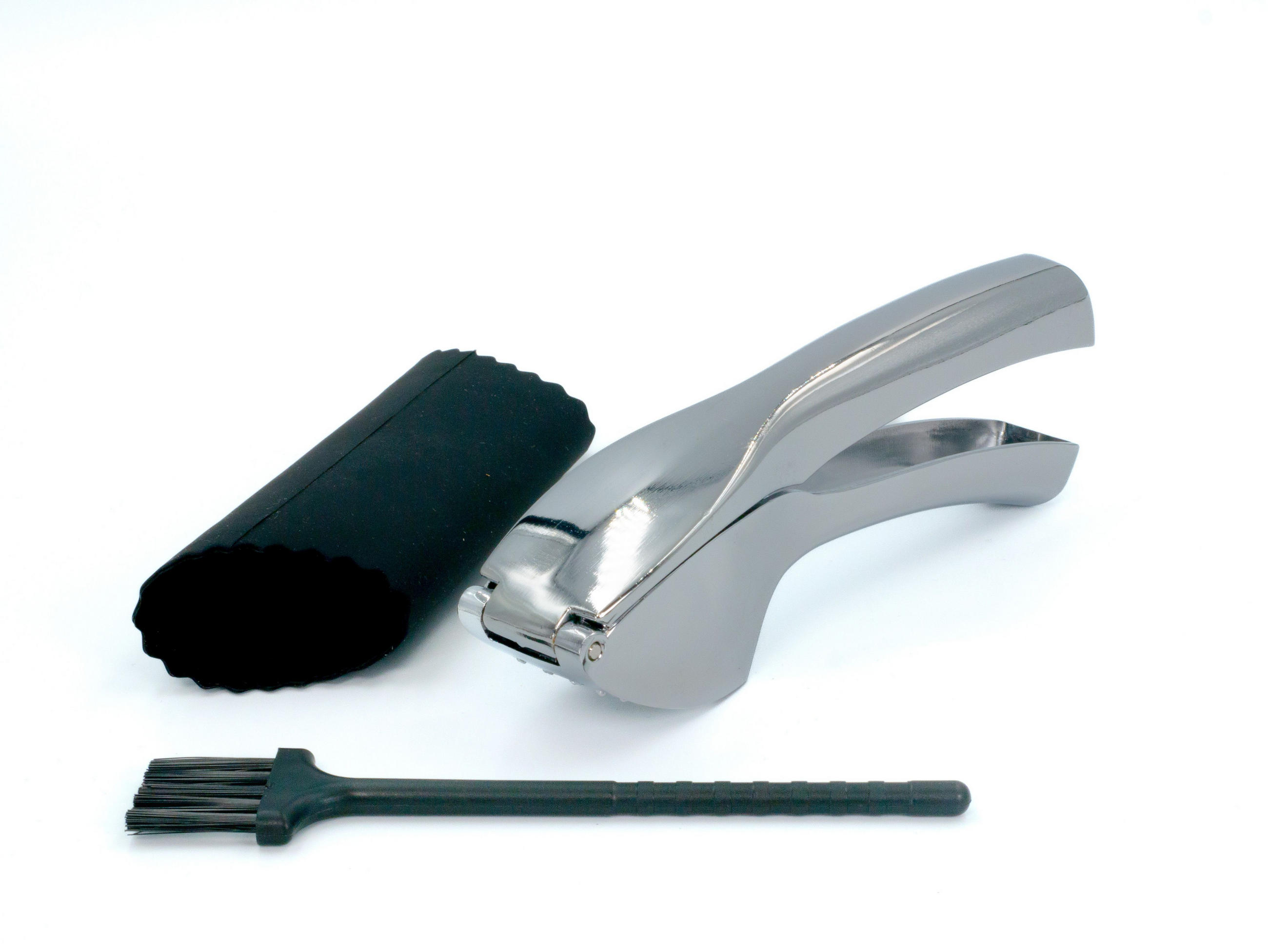 KNOBLAUCHPRESSE mit Silikonschäler und Reinigungsbürste (3-tlg.) - Silberfarben, Metall (15.5cm) - Intirilife