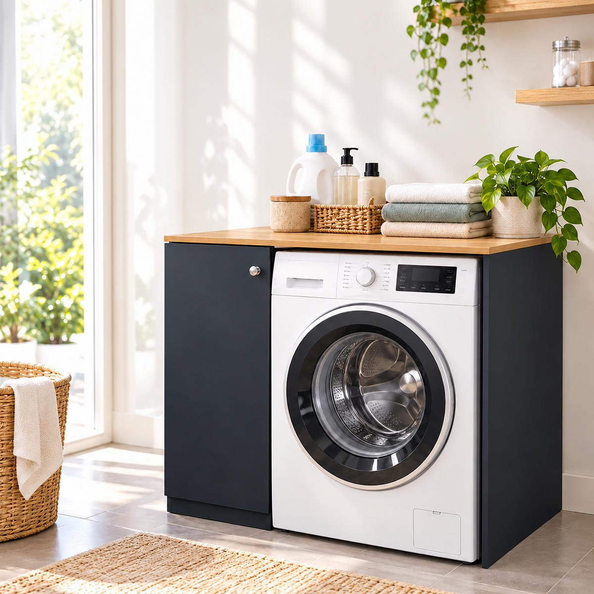 WASCHMASCHINENSCHRANK Anthrazit mit ausziehbarem Wäschekorb 90x100x60 cm - Anthrazit, Holzwerkstoff/Textil (100/90/60cm) - Relaxdays