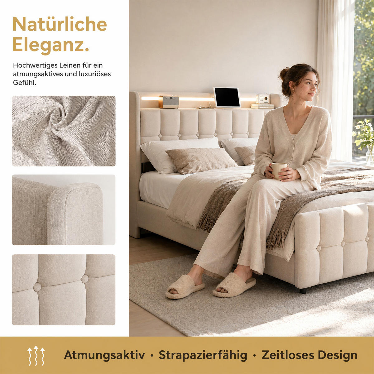 POLSTERBETT 140x200 mit Stauraum, Bettgestell 140x200 mit 4 Schubladen, Kopfteil mit USB und LED, Lattenrost, Bezug aus Leinen, Beige - Beige, Holz/Holzwerkstoff (140/200cm) - GENKI LIVING