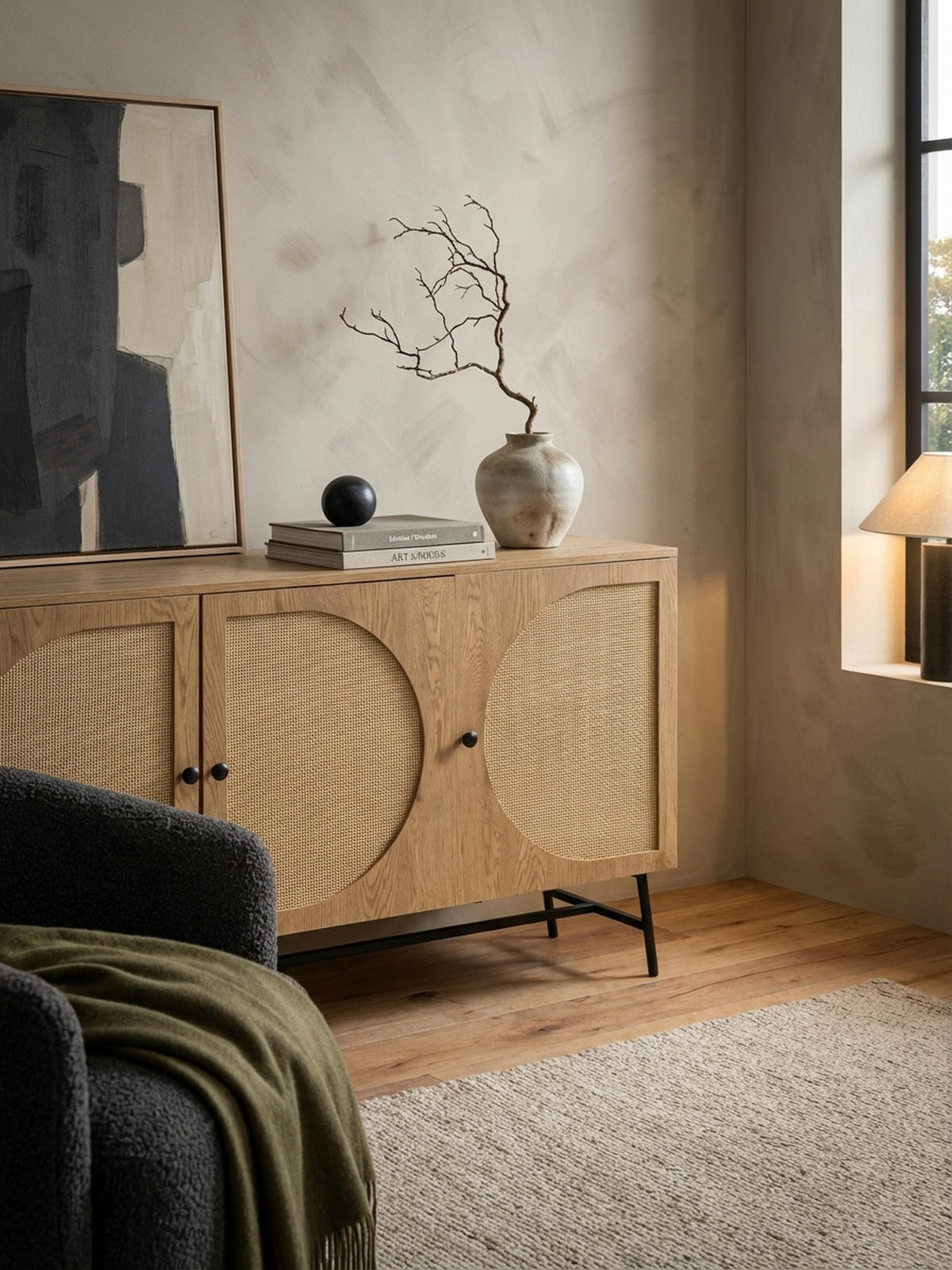 SIDEBOARD – Eiche-Dekor/Rattan, 140x80x39 cm, 3 Türen, hoch - Schwarz/Braun, Holzwerkstoff/Metall (140/80/39cm) - KADIMA DESIGN