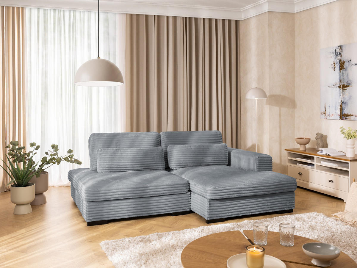 ECKSOFA Wolke mit tiefer Sitzfläche, Schlaffunktion und praktischem Bettkasten aus weichem Grau Cordstoff - Schwarz/Grau, Holz/Kunststoff (225/162cm) - S-Style