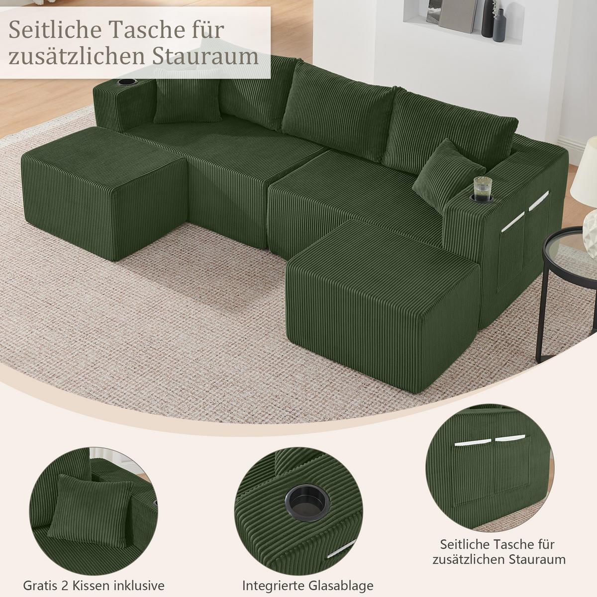 WOHNLANDSCHAFT DE-34629 modular mit 2 Ottomanen Grün - Grün, Textil (138/75/230cm) - ComfortXL