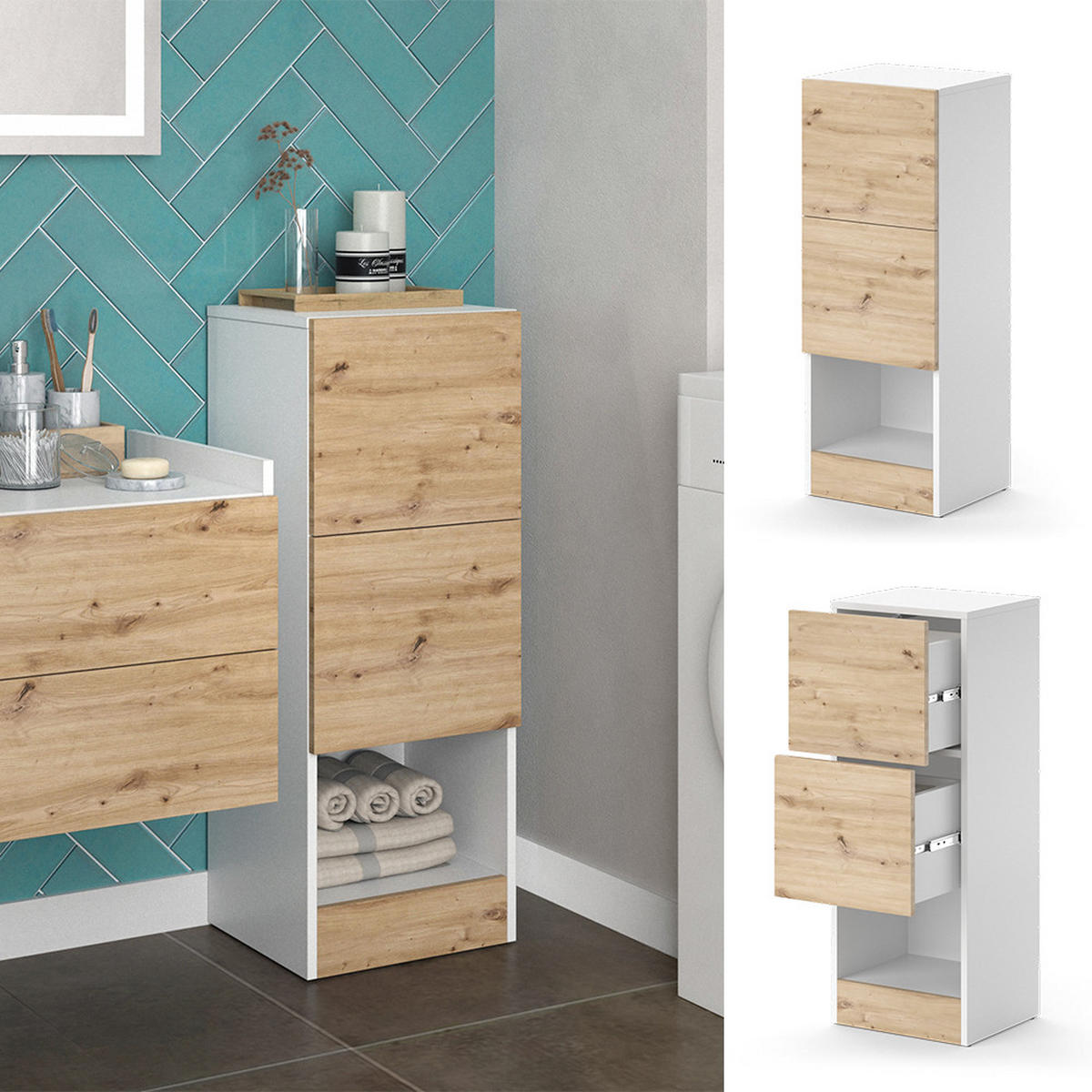 MIDISCHRANK Alf Weiß 35 x 92 cm mit 2 Schubladen - Weiß, Holzwerkstoff (35/92/30.2cm) - Vicco