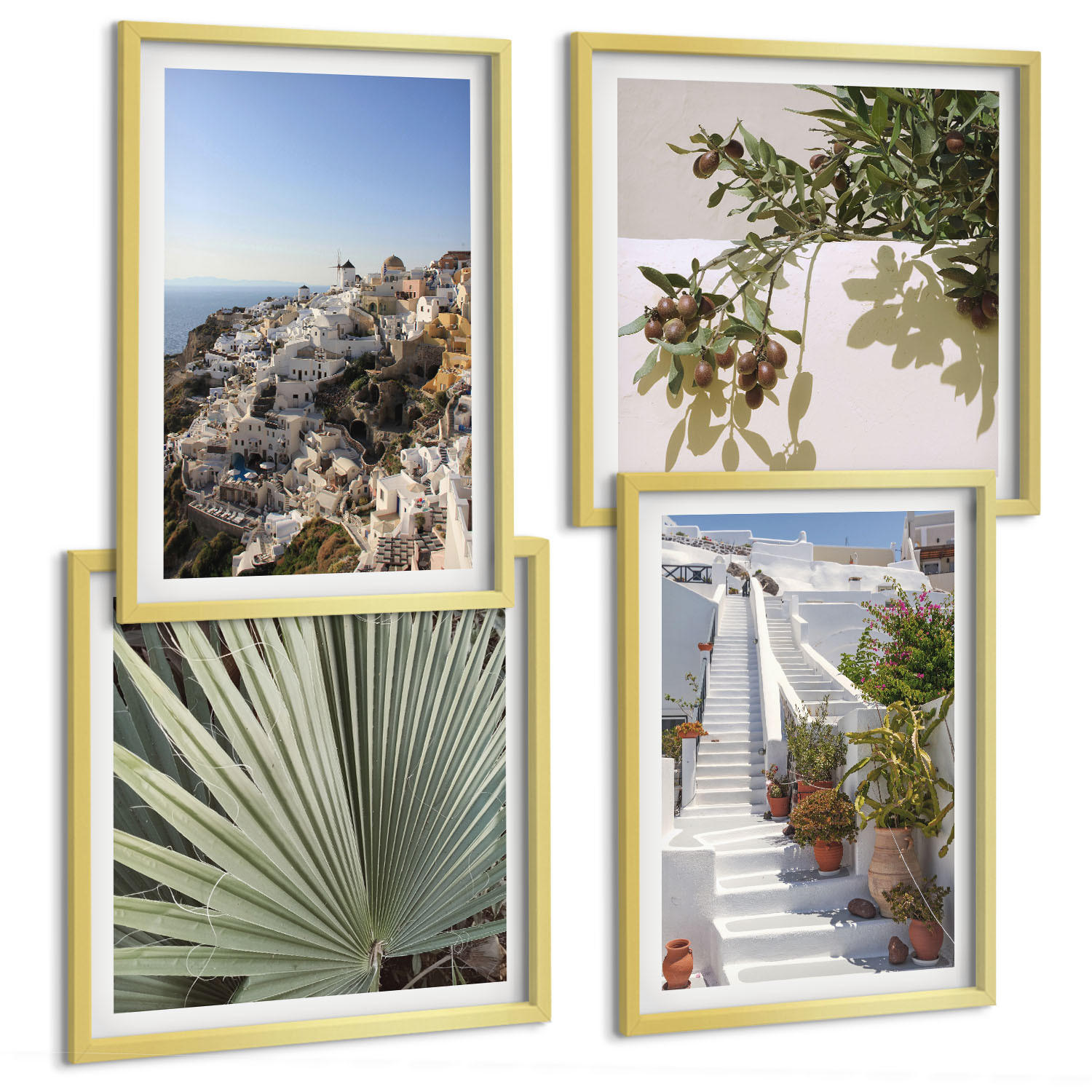 BILDER SET 4er Set - 50x50 cm & 40x60 cm Goldrahmen - Weiße Treppe mit Blick auf Santorini - Goldfarben, Kunststoff (50/50cm) - TULUP