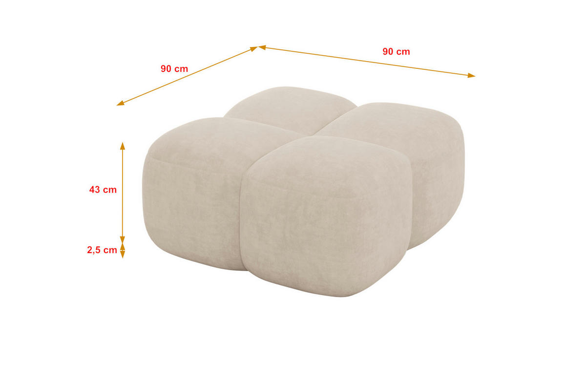POUF Miko-Puf 90x90x45 cm Beige Velours Modular Sitzhocker - Ecru/Schwarz, Holzwerkstoff/Kunststoff (90/43/90cm) - ALTDECOR
