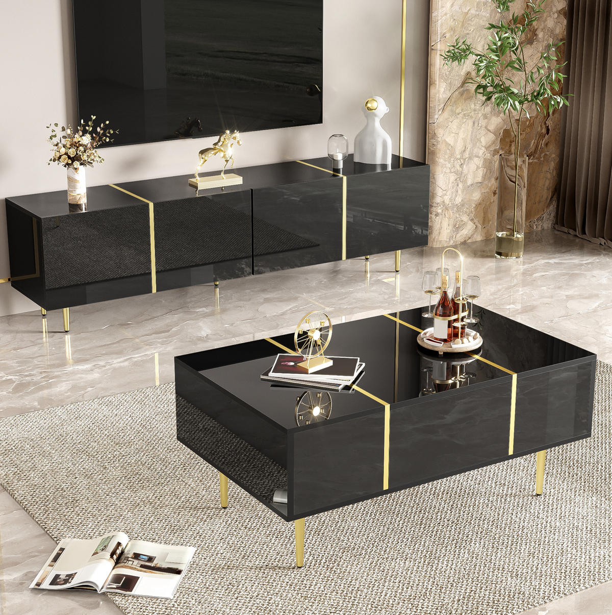 TV-SCHRANK-SET mit Couchtisch 170 cm/100 cm MDF Schwarz Hochglanz 2-tlg. - Schwarz, Holzwerkstoff (60/41.5/100cm) - Beauniv