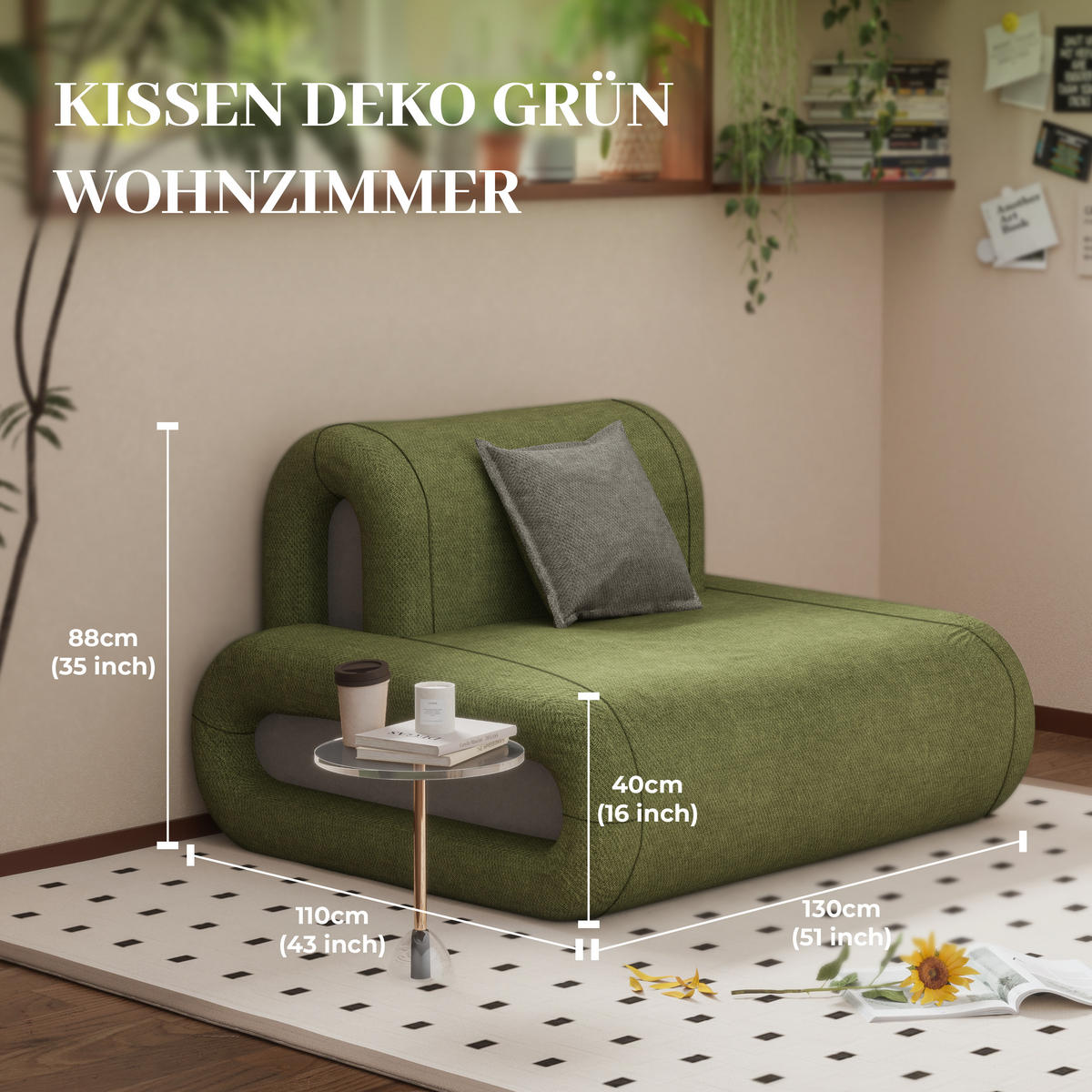 SOFA umwandelbar in Bett grün - Grau/Grün, Textil (110/88/130cm) - Vercart